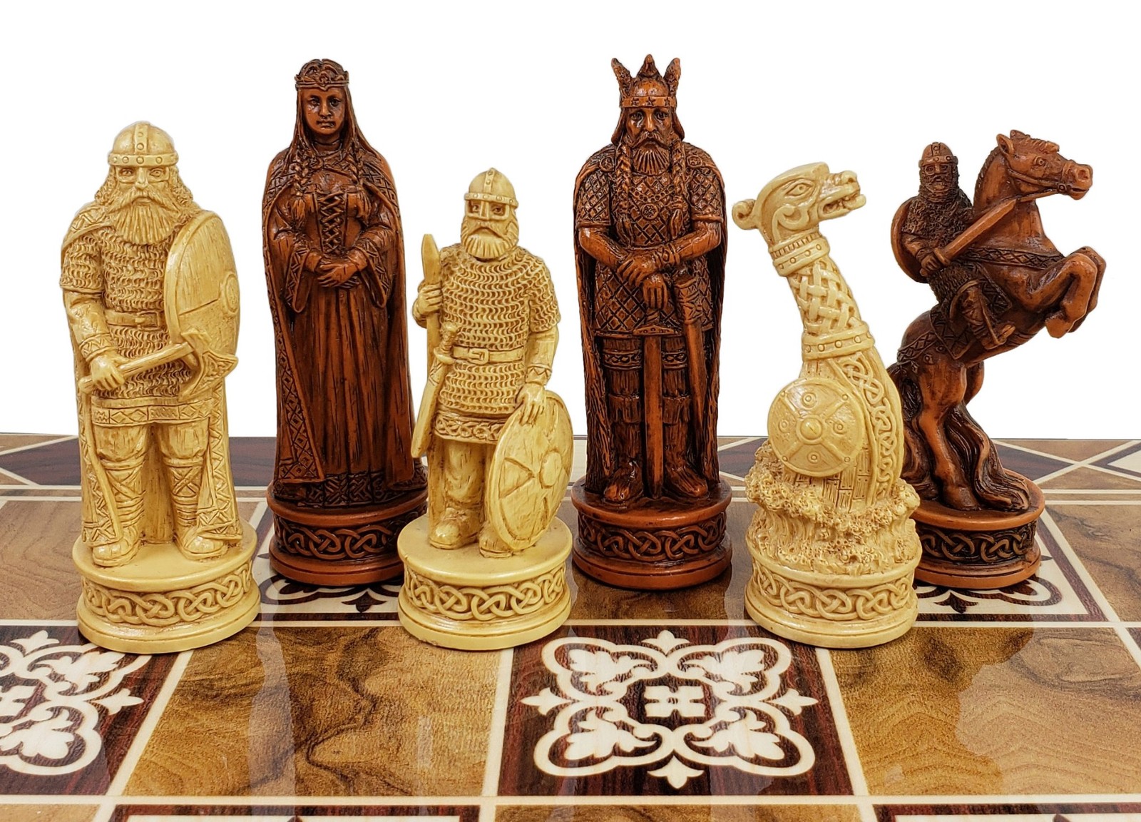 Antique White & Brown Norse Viking Chess Men Set 3 1/4\ Antique White & Brown Norse Viking Chess Men Set 3 1/4\