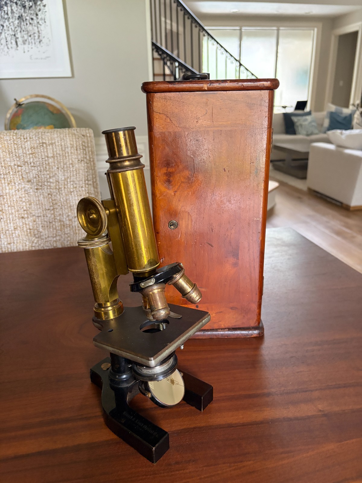 Bausch & Lomb Brass Microscope Rochester NY w/ Cabinet & Optics antique
