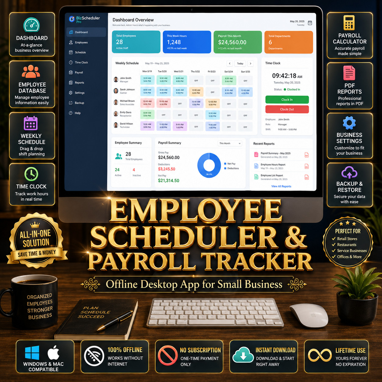 Employee Scheduler Payroll Tracker USB Drive Time Clock Software Windows Mac PC