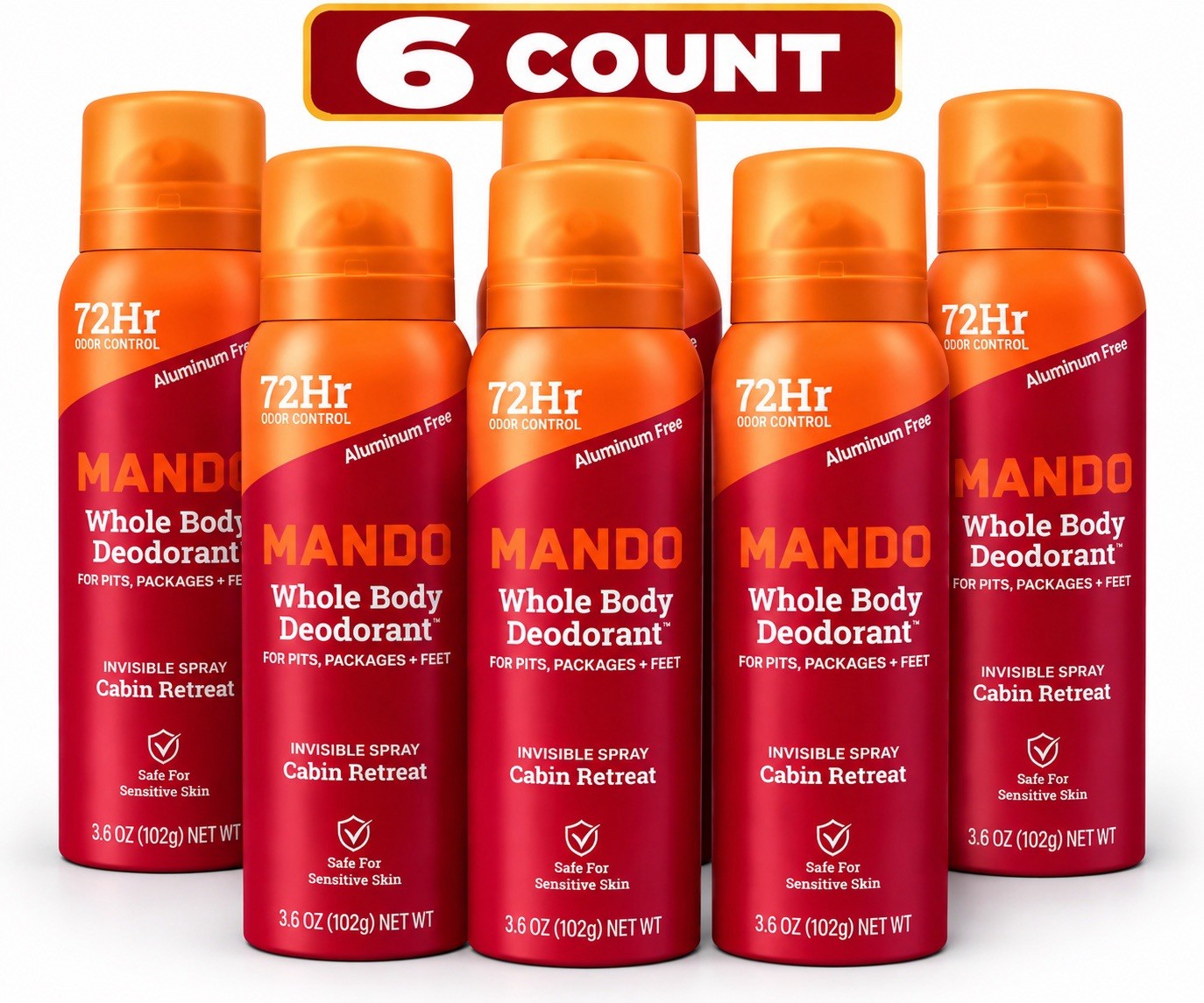 LOT OF 6 Mando Whole Body Invisible Spray Deodorant Cabin Retreat, 3.6oz EACH