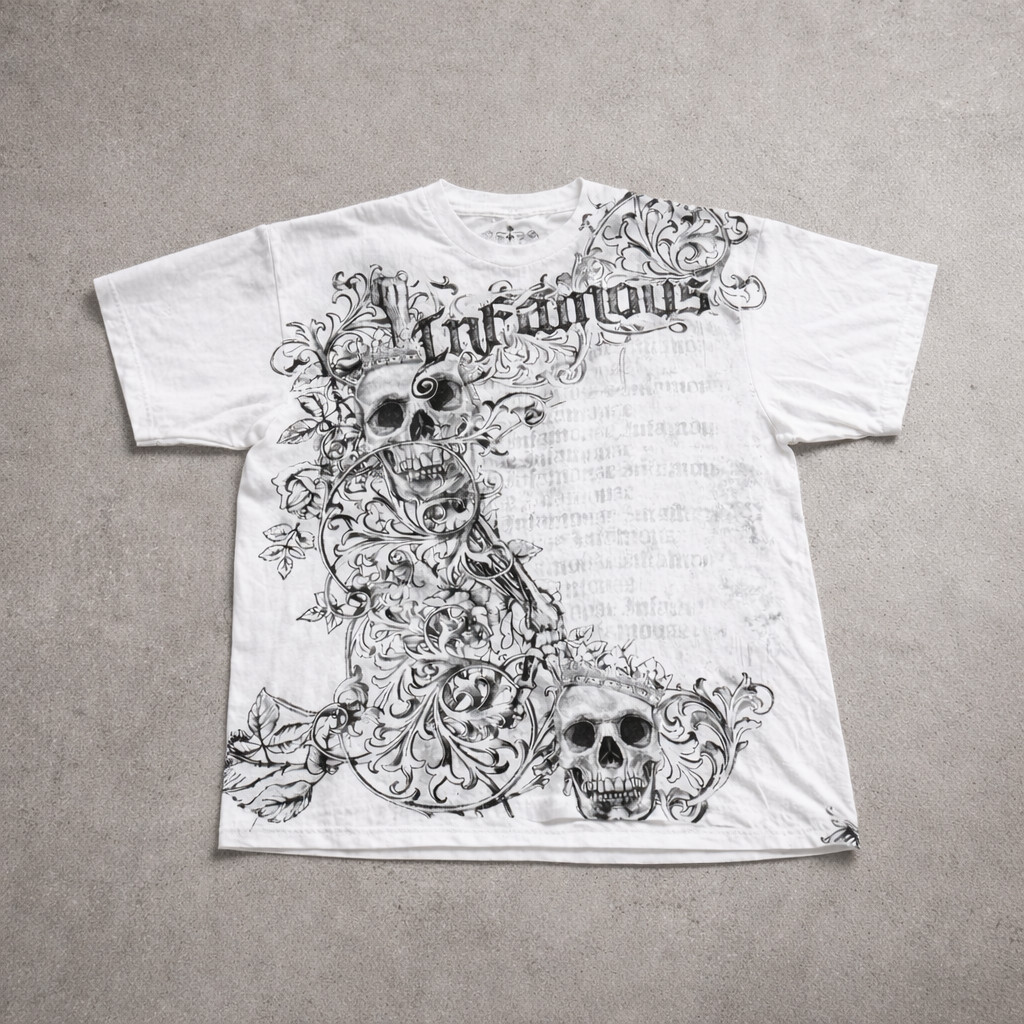 Mens Y2K Gothic Skull Graphic T-Shirt White Vintage Style Streetwear Tee Grunge