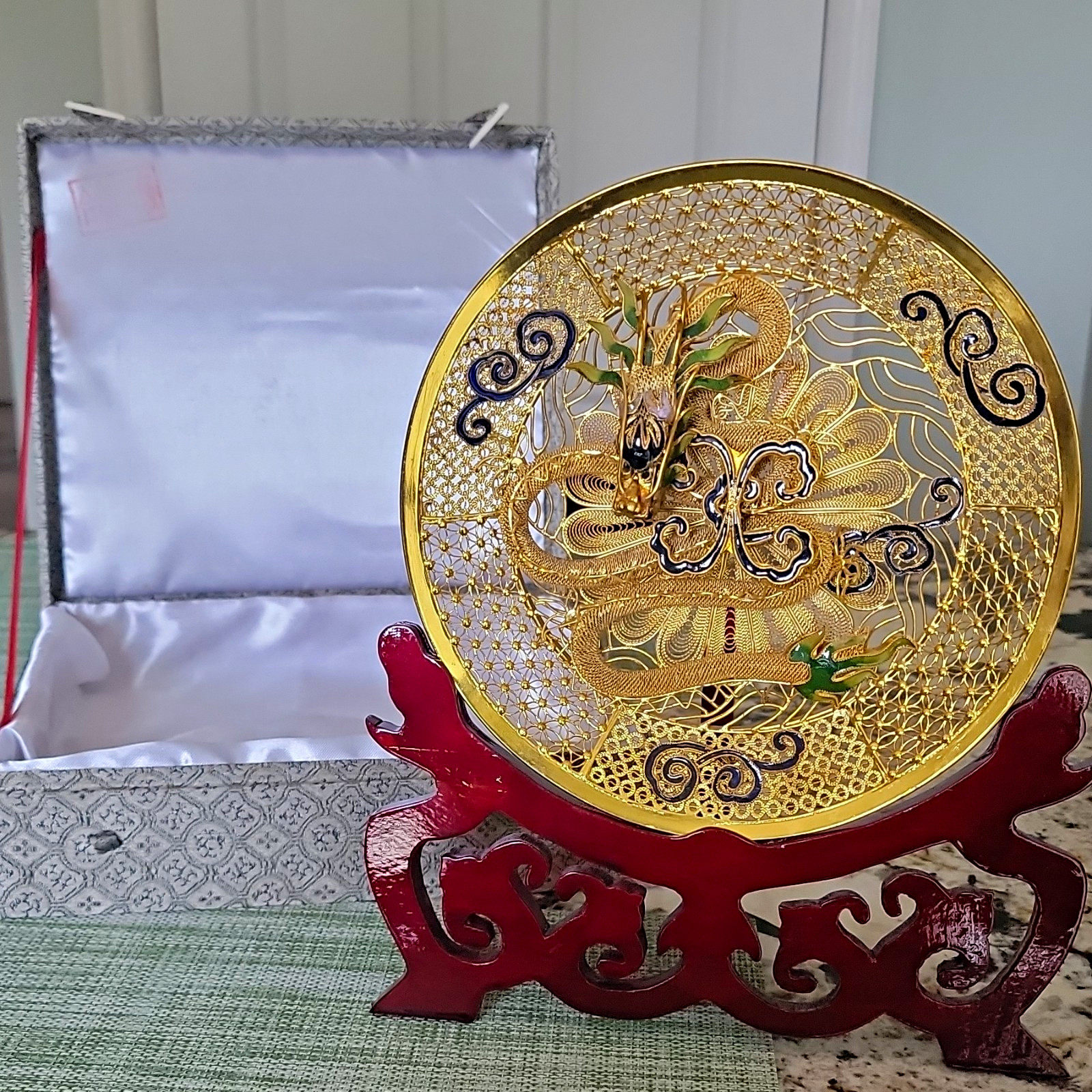Complete Vintage Chinese Gold Gilt Filigree 3D Dragon Plate Enamel Cloison