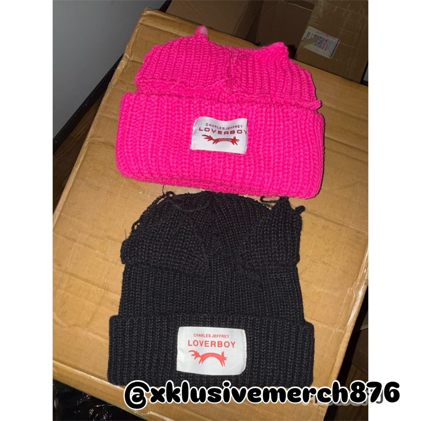 Charles Jeffrey Loverboy Cat Ear Knit Beanie Pink Black One Size Logo Accent Charles Jeffrey Loverboy Cat Ear Knit Beanie Pink Black One Size Logo Accent