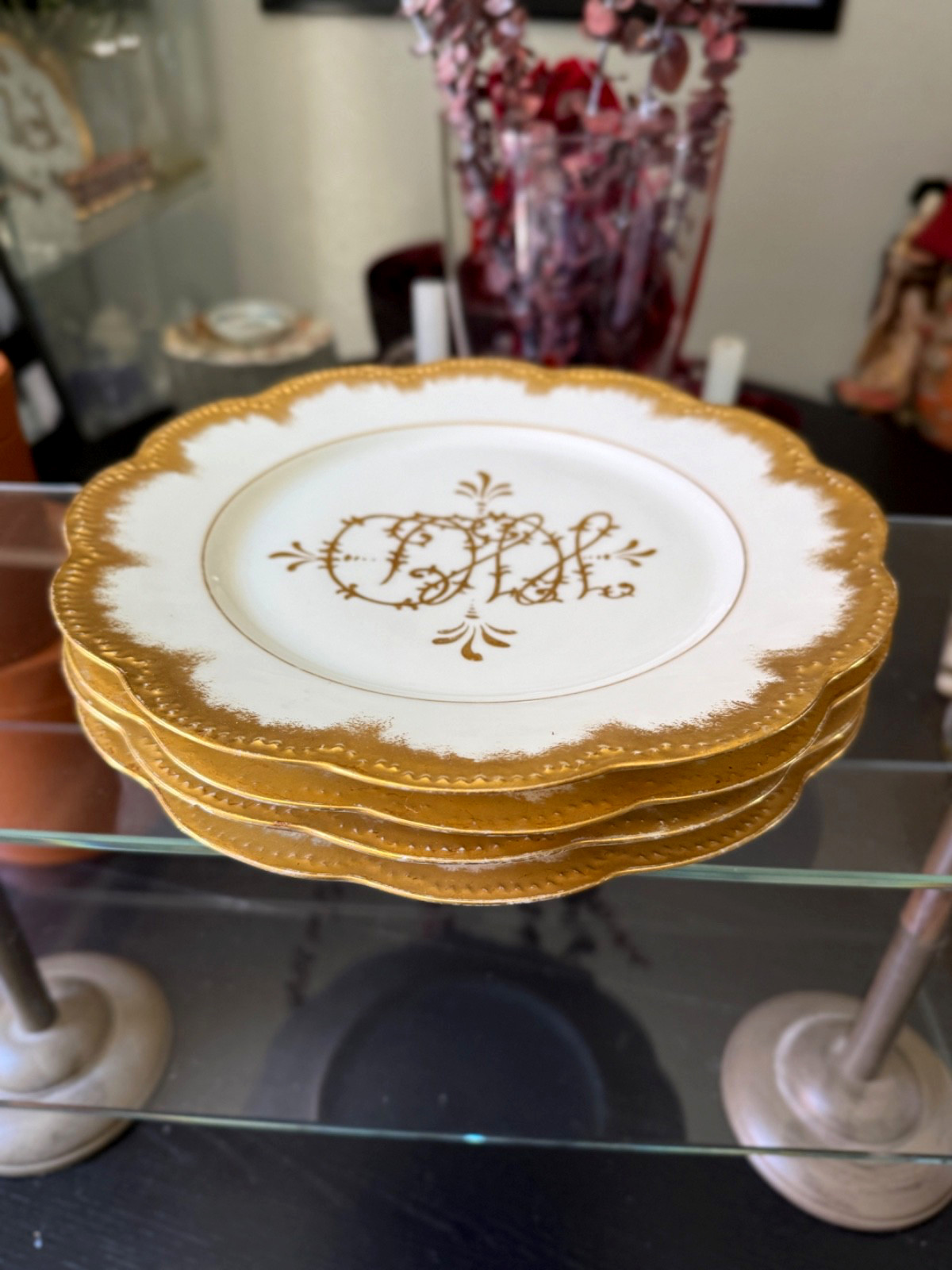 Set of 4 Antique Jean Pouyat Limoges Dinner Plates Heavy Gold Gilt Monogram 9.5”