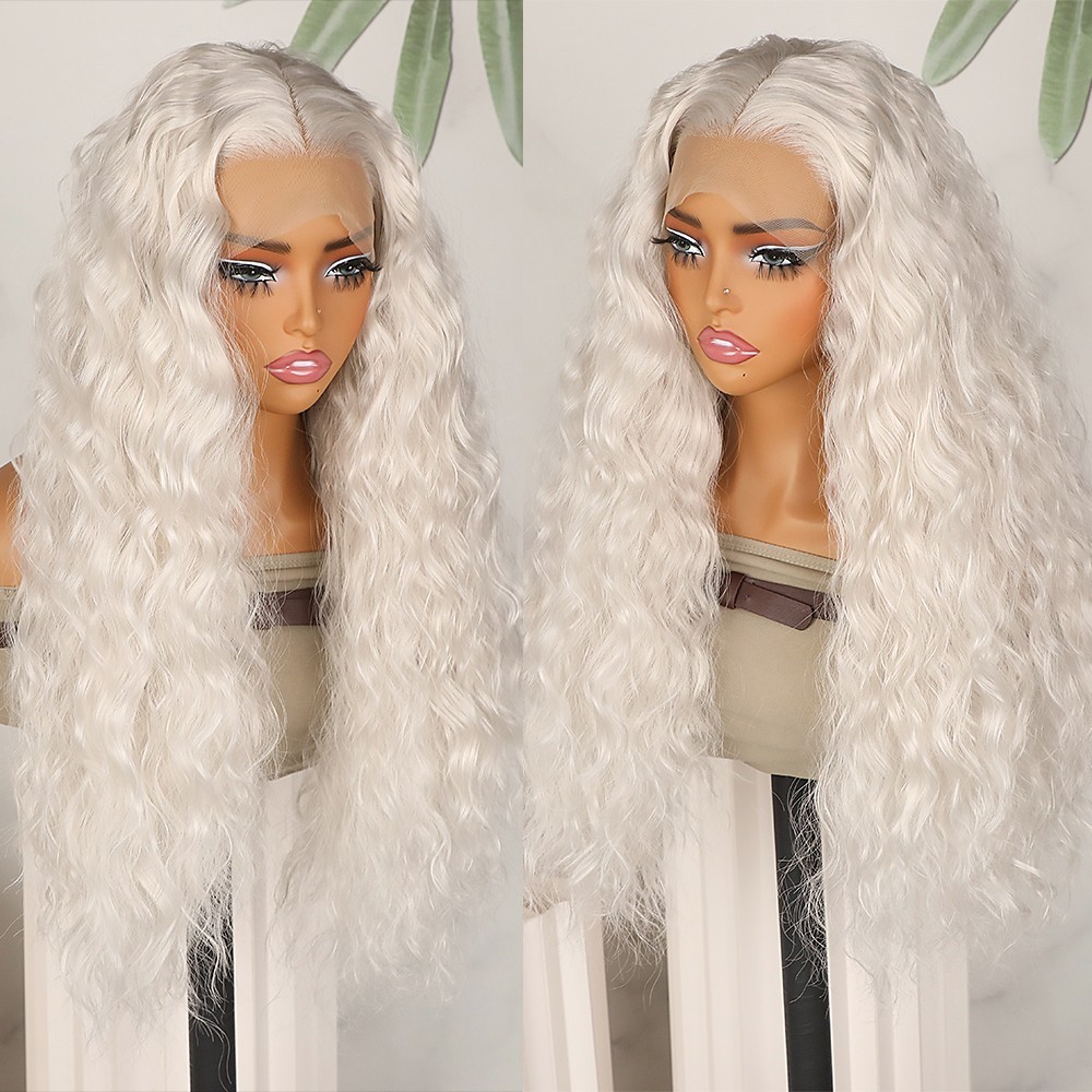 White Hair Loose Curly Water Wave Synthetic Lace Front Wigs Heat Resistant Party