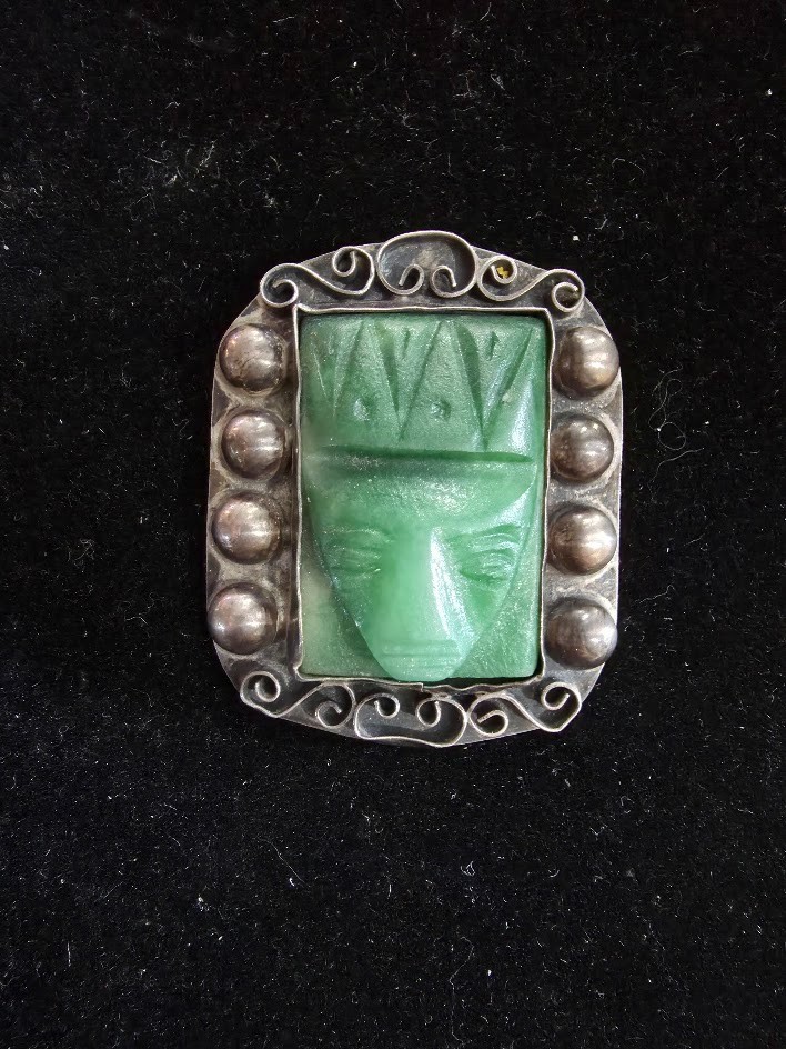 Antique 1930s Mexican Silver Carved Jade Mask Brooch Pin - Pre-1948 Mesoamerican