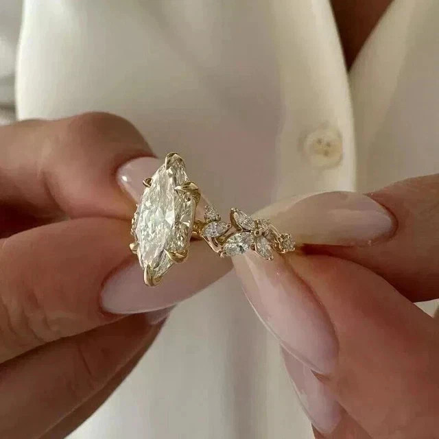 2Ct Marquise Cut Real Moissanite Halo Engagement Ring 14k Yellow Gold Plated
