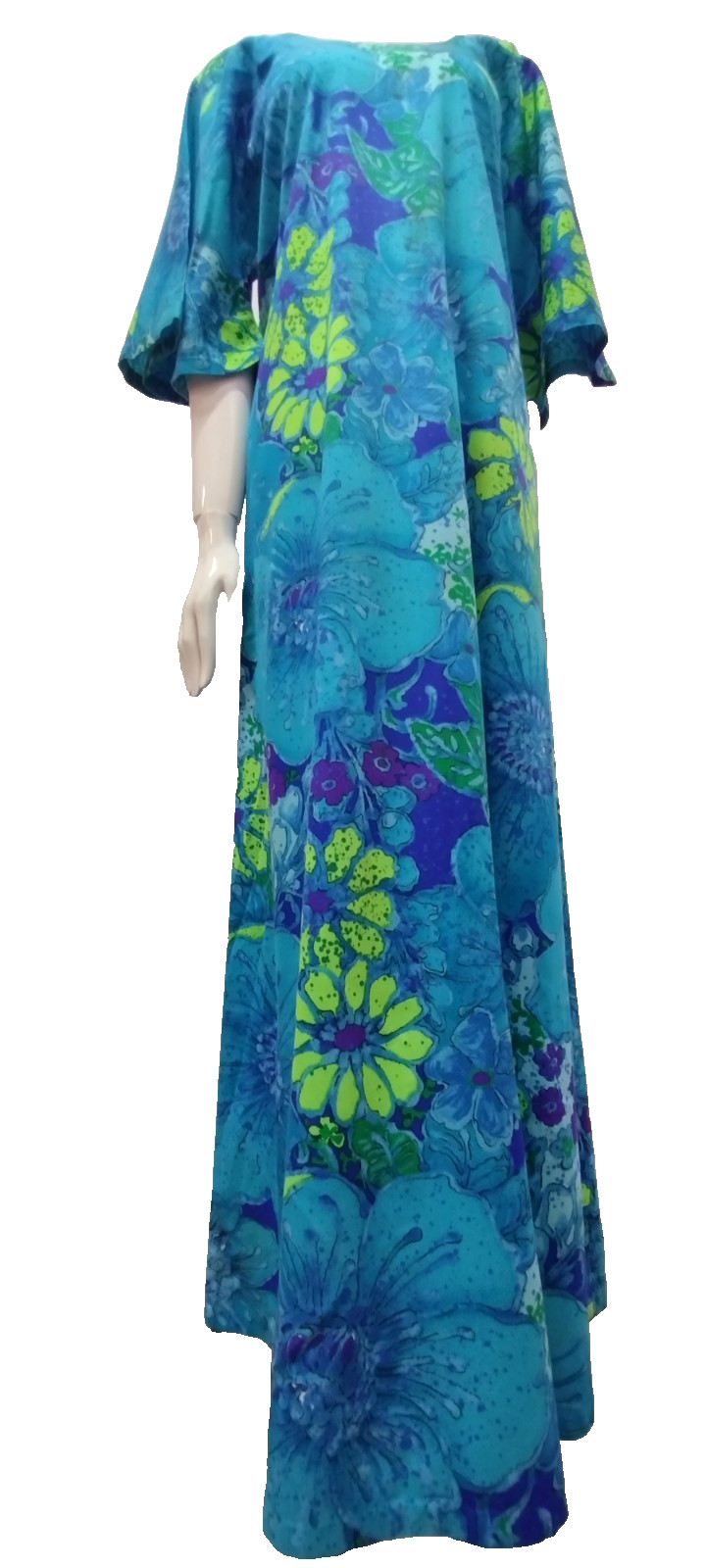 Vintage Draper\'s TWO POTATO Maxi Dress M/L Barkcloth Neon Turquoise Huge Flowers