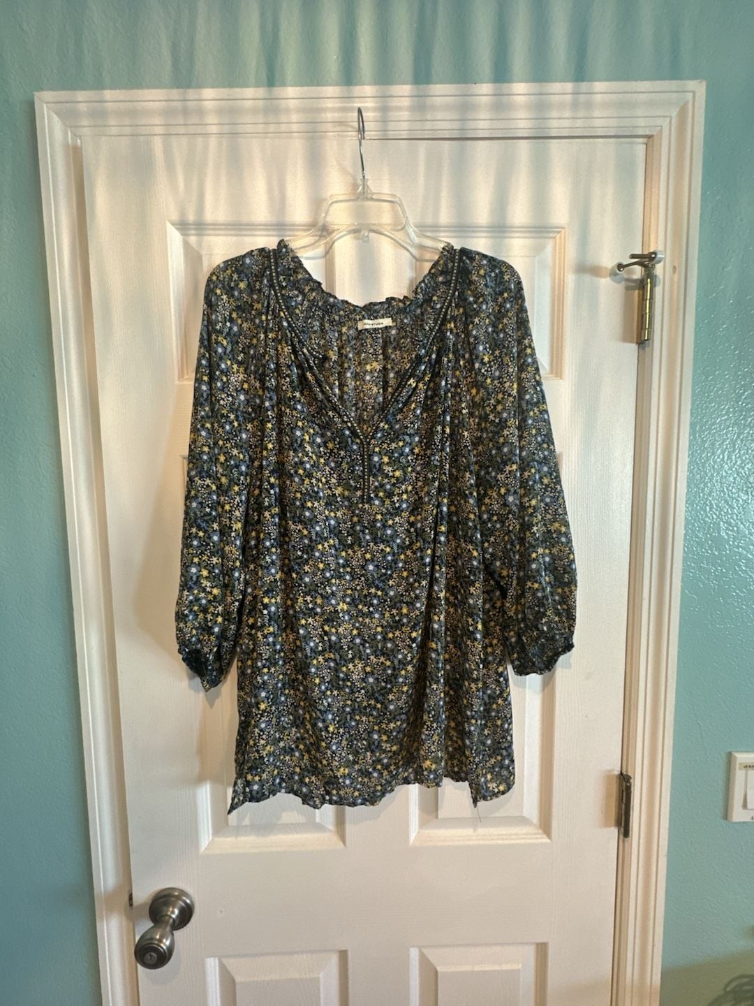 Max Studio Floral Print Long Sleeve Blouse Size 2X Blue Green Yellow