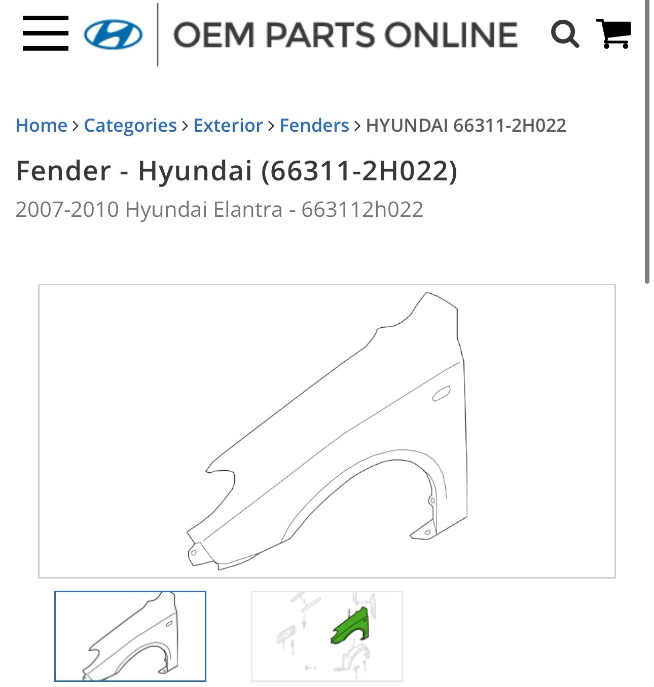 2007-2010 Hyundai Elantra Sedan Driver Left Fender 66311-2H022 GENUINE OEM 2007-2010 Hyundai Elantra Sedan Driver Left Fender 66311-2H022 GENUINE OEM