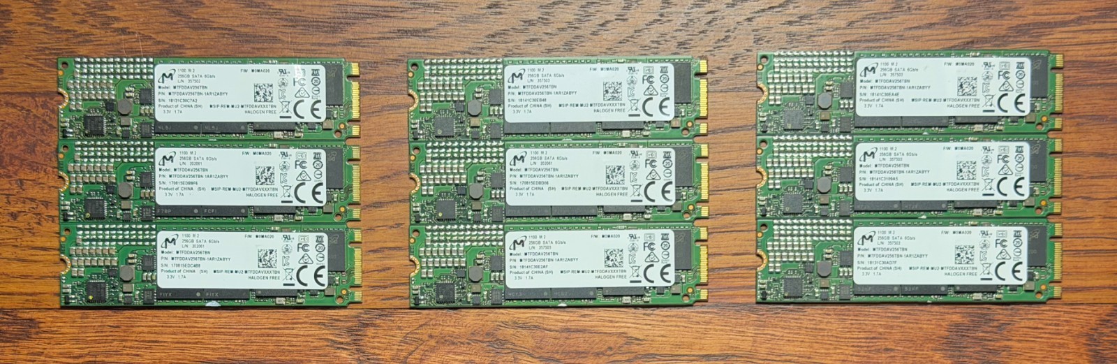 LOT OF 9 Micron 256GB M.2 2280 SATA III SSD 1100 Series MTFDDAV256TBN 70% - 78% LOT OF 9 Micron 256GB M.2 2280 SATA III SSD 1100 Series MTFDDAV256TBN 70% - 78%