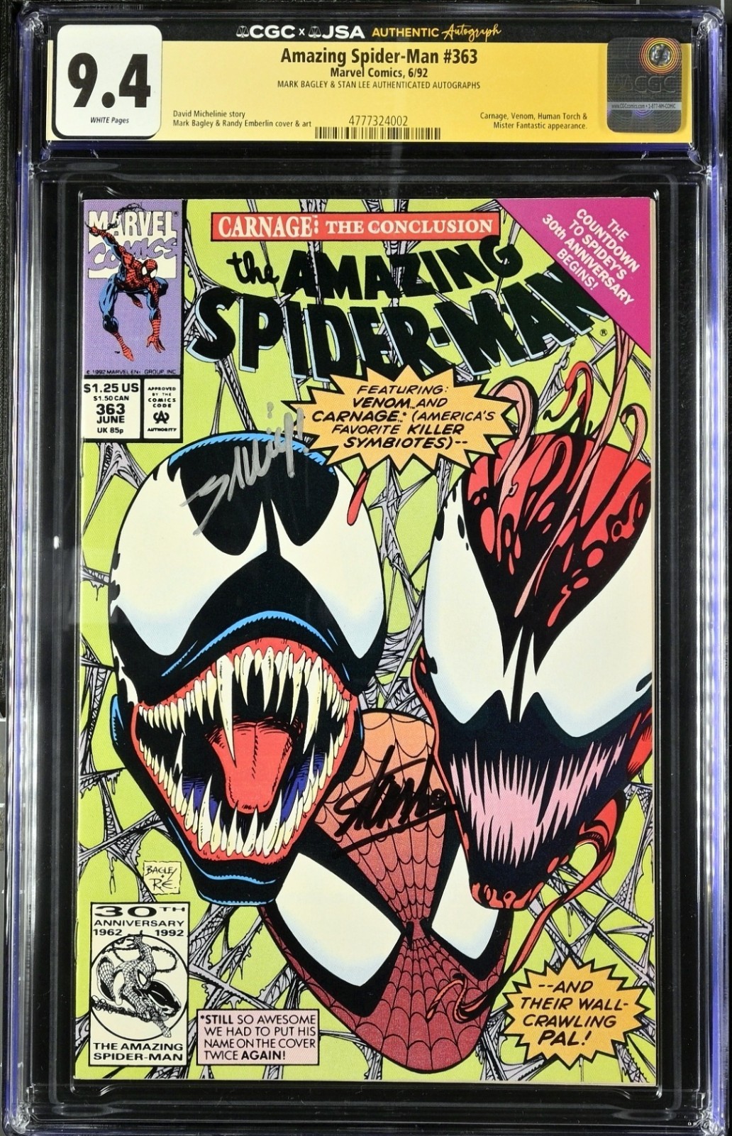 🔴 Amazing Spider-Man #363 | Signed By Stan Lee & Mark Bagley | CGC 9.4 White 🔴 Amazing Spider-Man #363 | Signed By Stan Lee & Mark Bagley | CGC 9.4 White