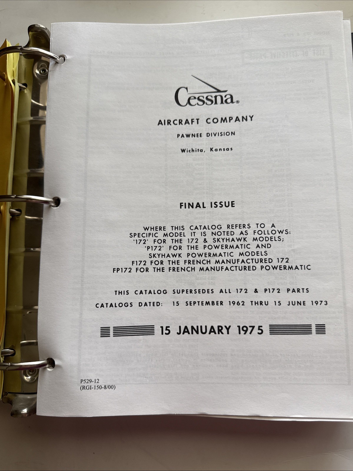 CESSNA Factory Model 172 Series. ILLUSTRATED, Parts Catalog 1963-1974  3\