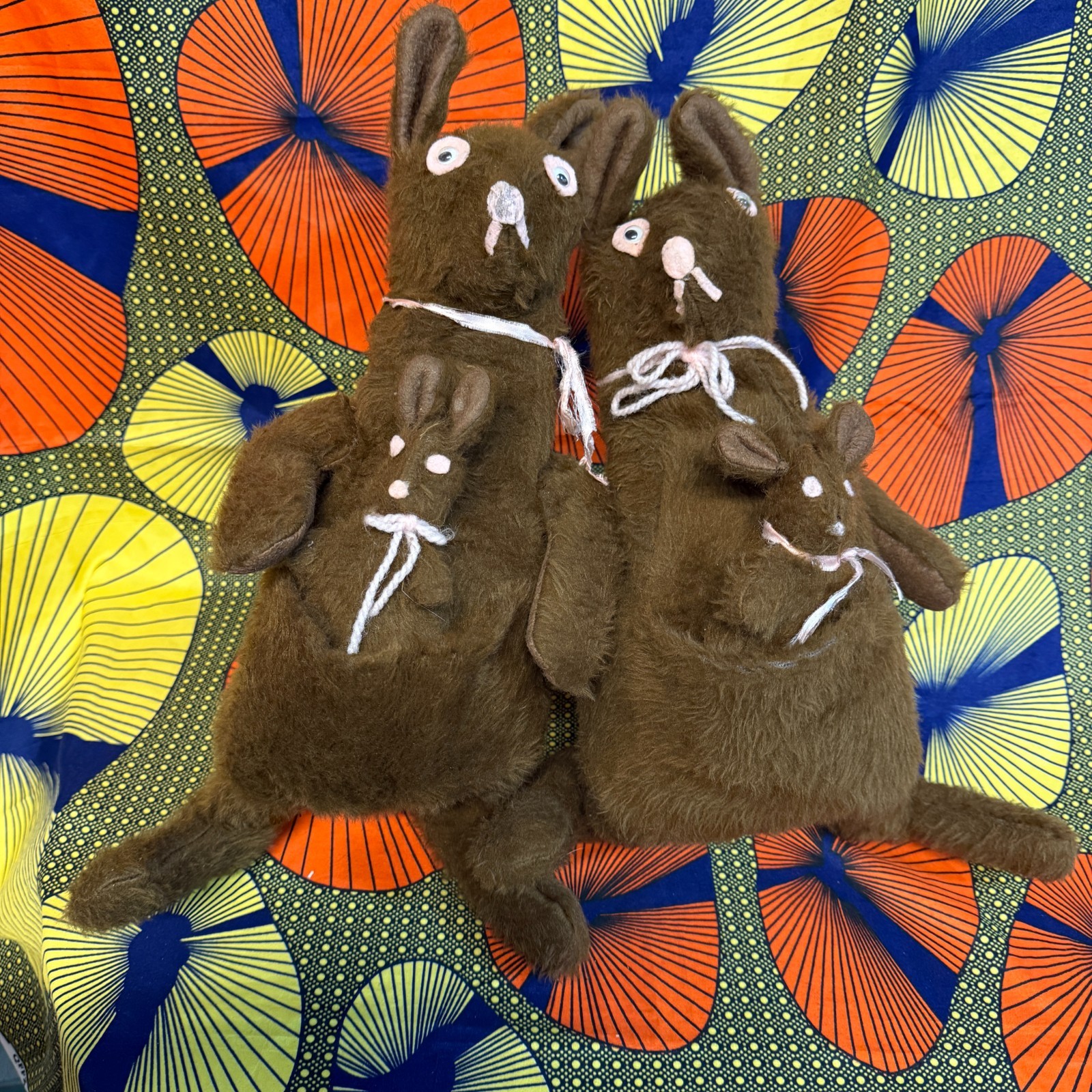 Vintage Handmade Kangaroo Plush Pair with Babies Folk Art Dolls