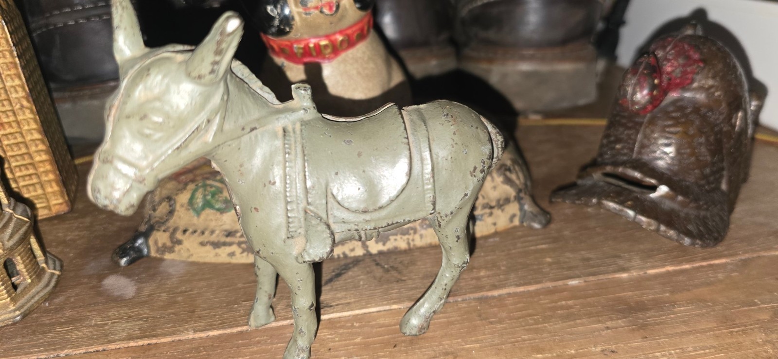 Antique Cast Iron Donkey Mule Still Bank Vintage Gray Original Paint