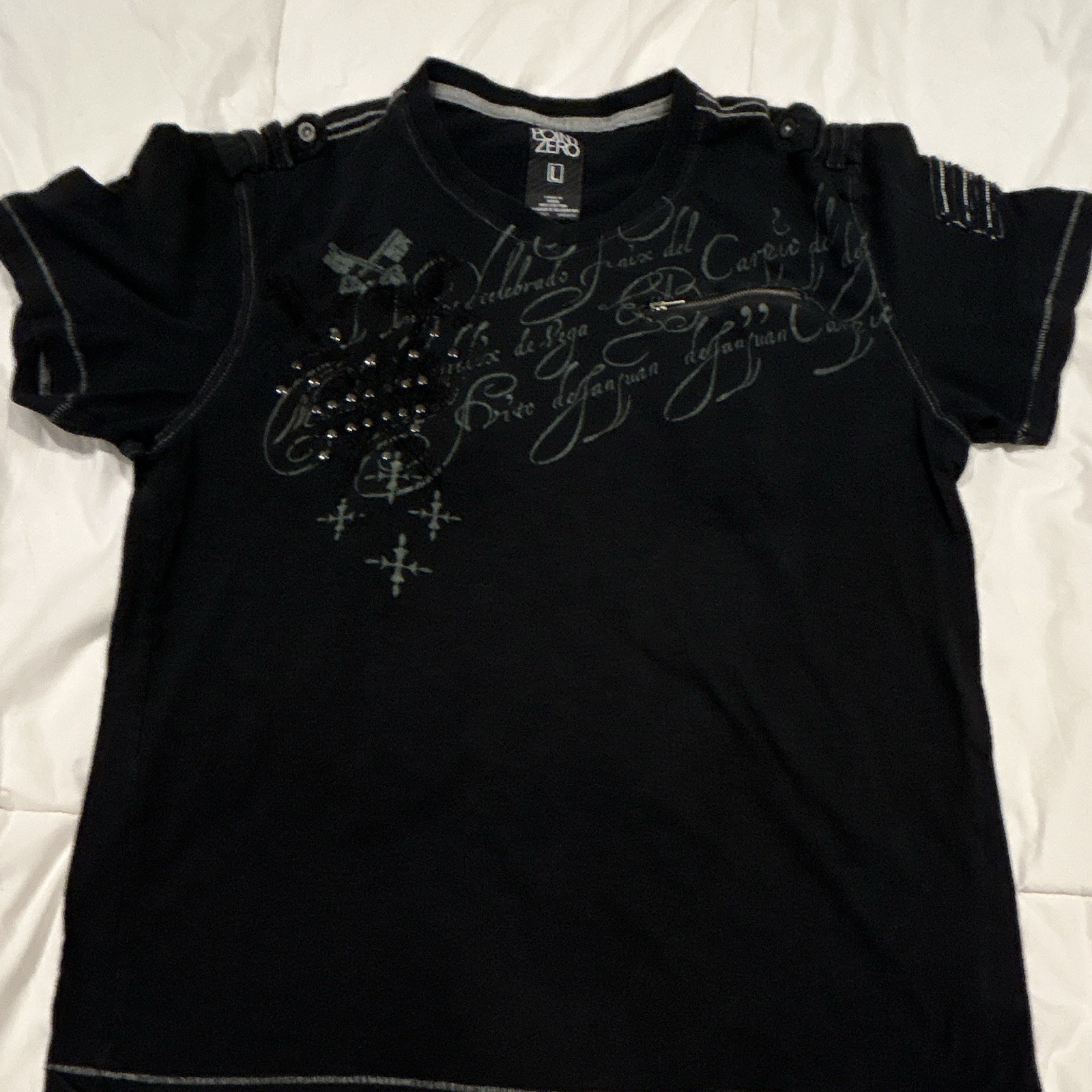 Point Zero Men\'s Black Graphic V-Neck T-Shirt - Size L - Y2K Affliction Style.