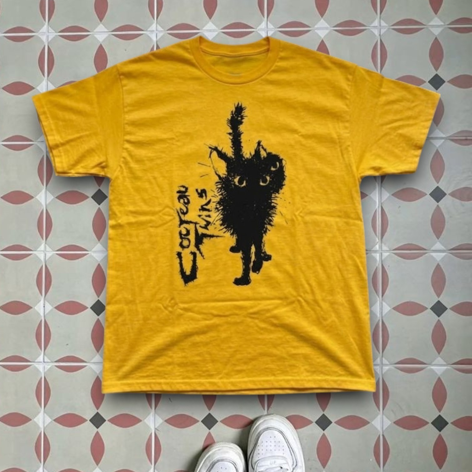 Cocteau Twins Black Cat Graphic T-Shirt Yellow Short Sleeve Band Tee Dream Pop