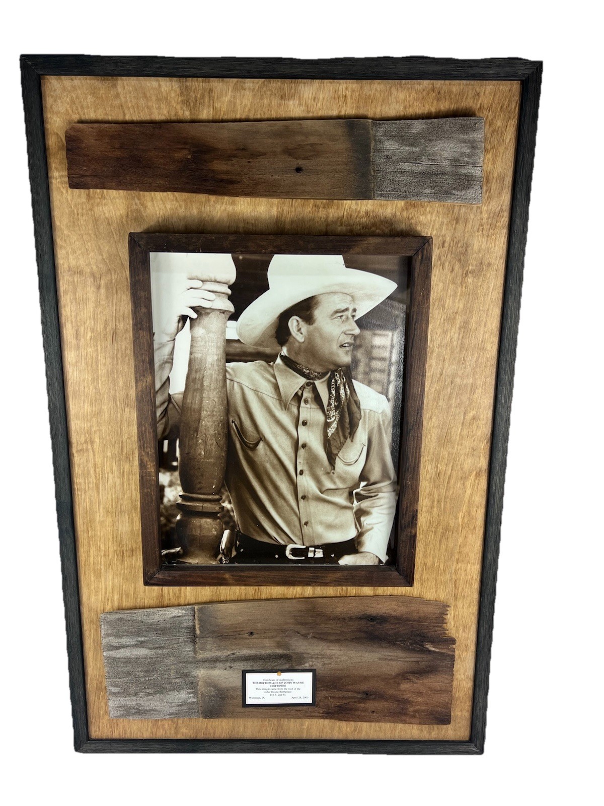 Shingle From Roof Of The Birthplace Of John Wayne Framed Collectible Unique COA Shingle From Roof Of The Birthplace Of John Wayne Framed Collectible Unique COA