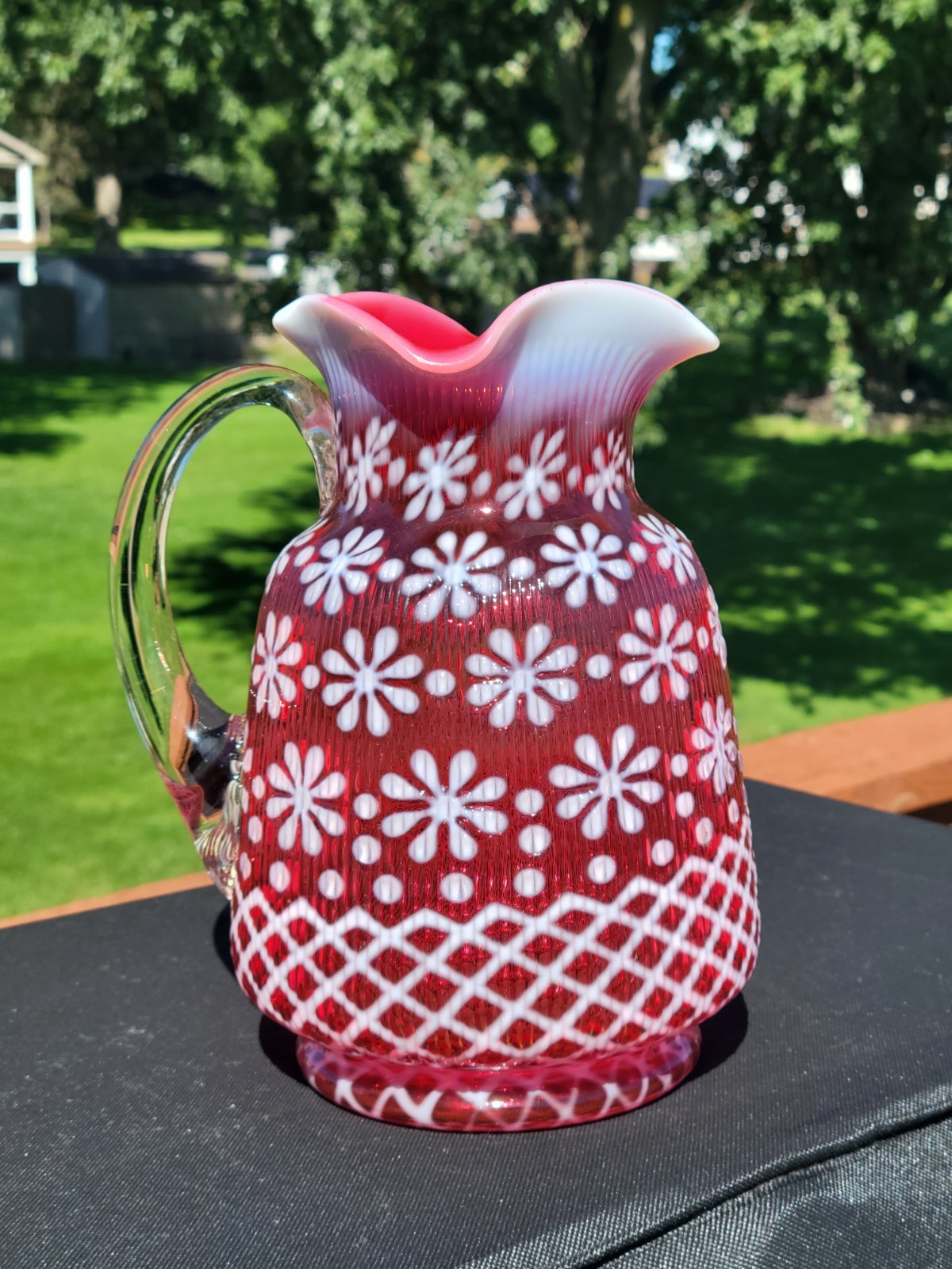 Rare Antique Northwood Cranberry Christmas Snowflake Opalescent Glass Pitcher Rare Antique Northwood Cranberry Christmas Snowflake Opalescent Glass Pitcher