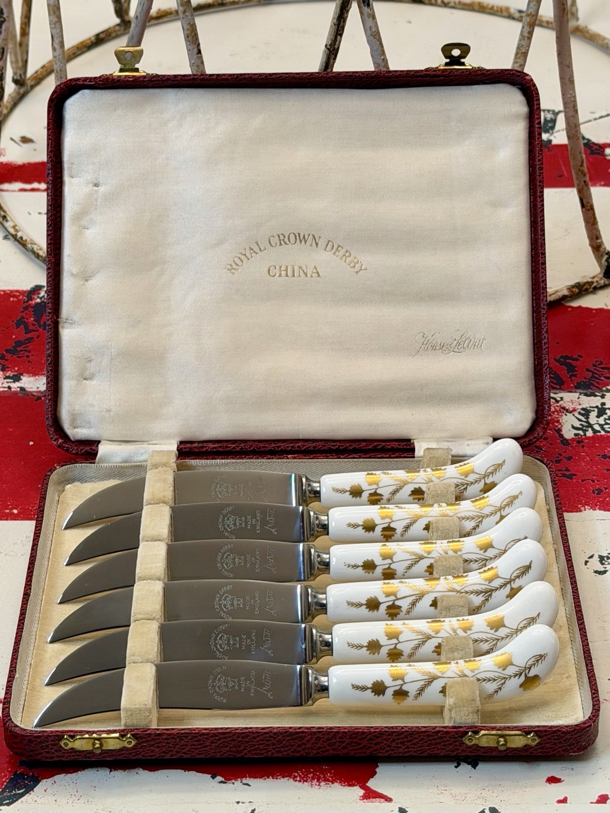 VTG Royal Crown Derby House of LeWitt Set of 6 Knife Set Original Case England