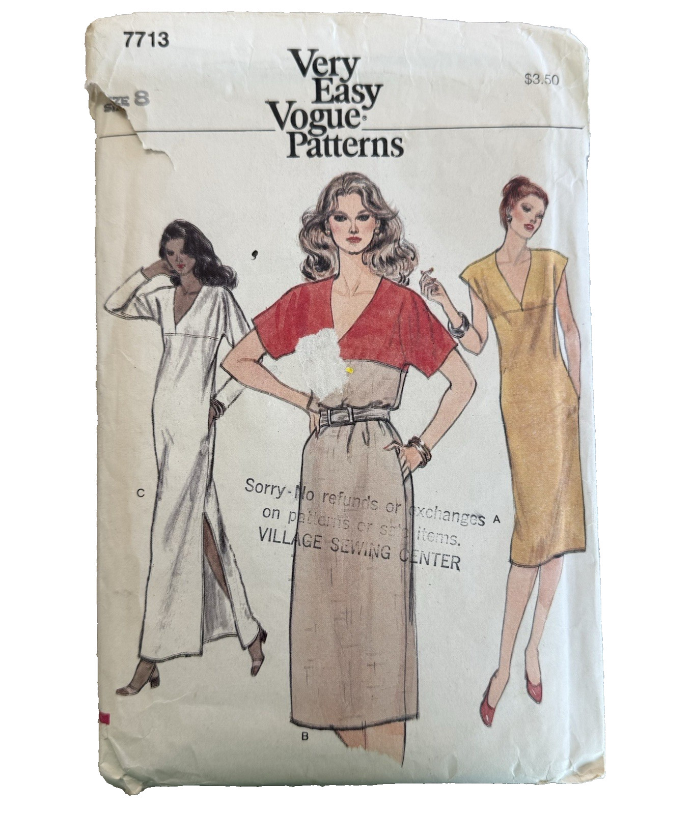 Vintage VOGUE 7713 Very Easy Dress Pattern Deep VNeck Misses Size 8 70s Uncut FF