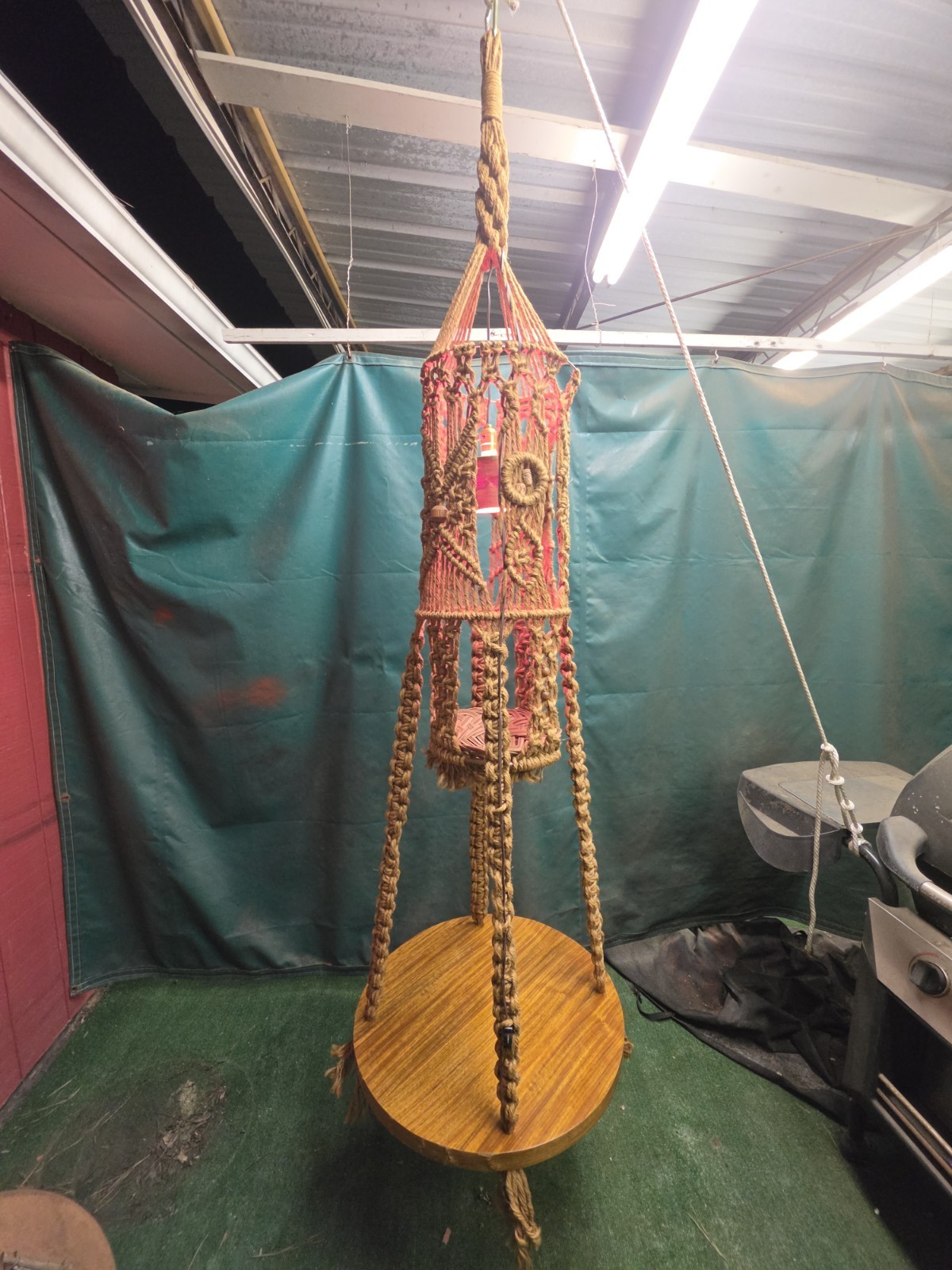 Vintage 1970s Macrame Hanging Table Roughly 7\' Tall With Built In Light Vintage 1970s Macrame Hanging Table Roughly 7\' Tall With Built In Light