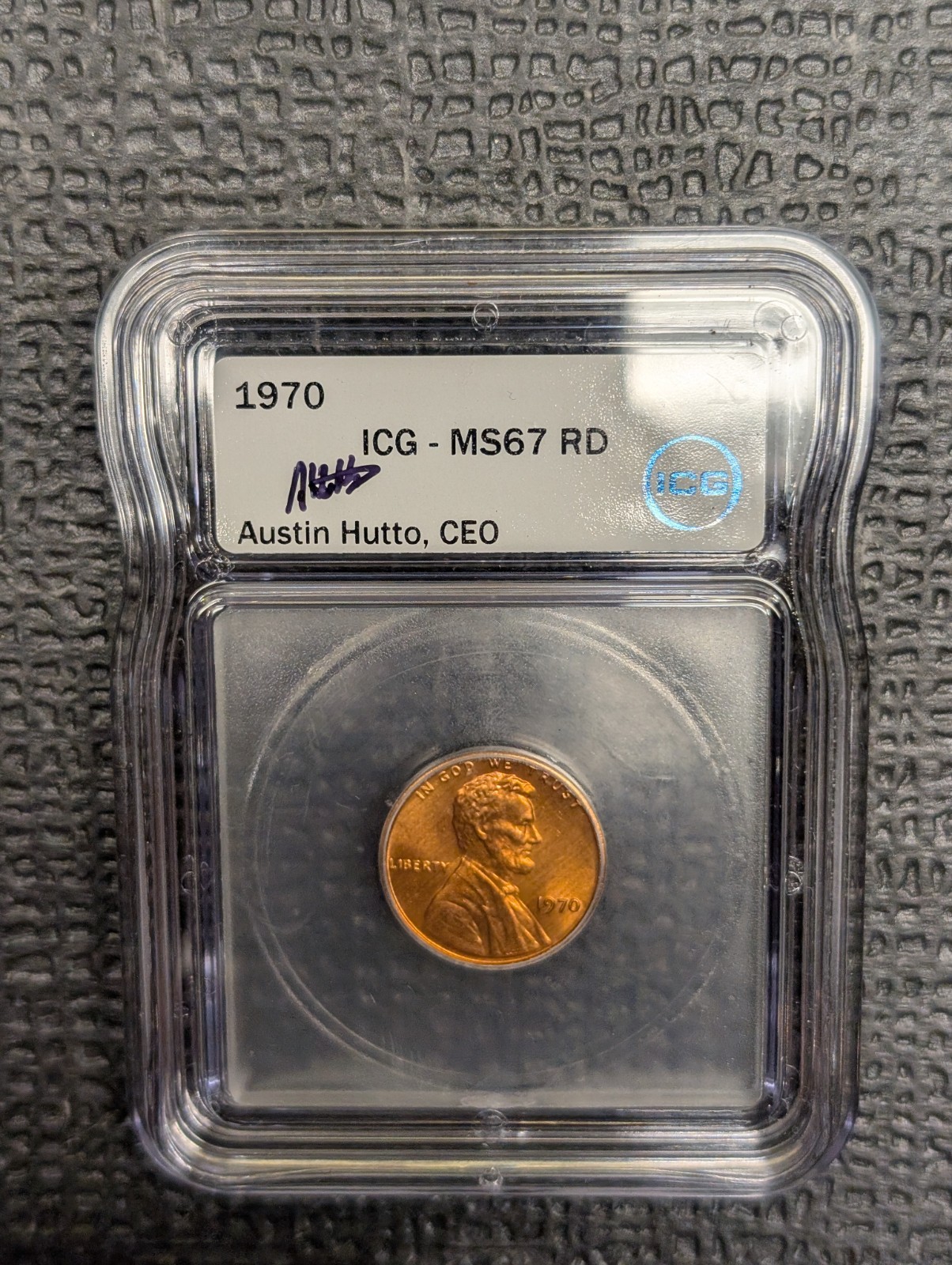 1975-P MS 67 RD Lincoln Memorial Cent ICG New Austin Hutto Signed White Label