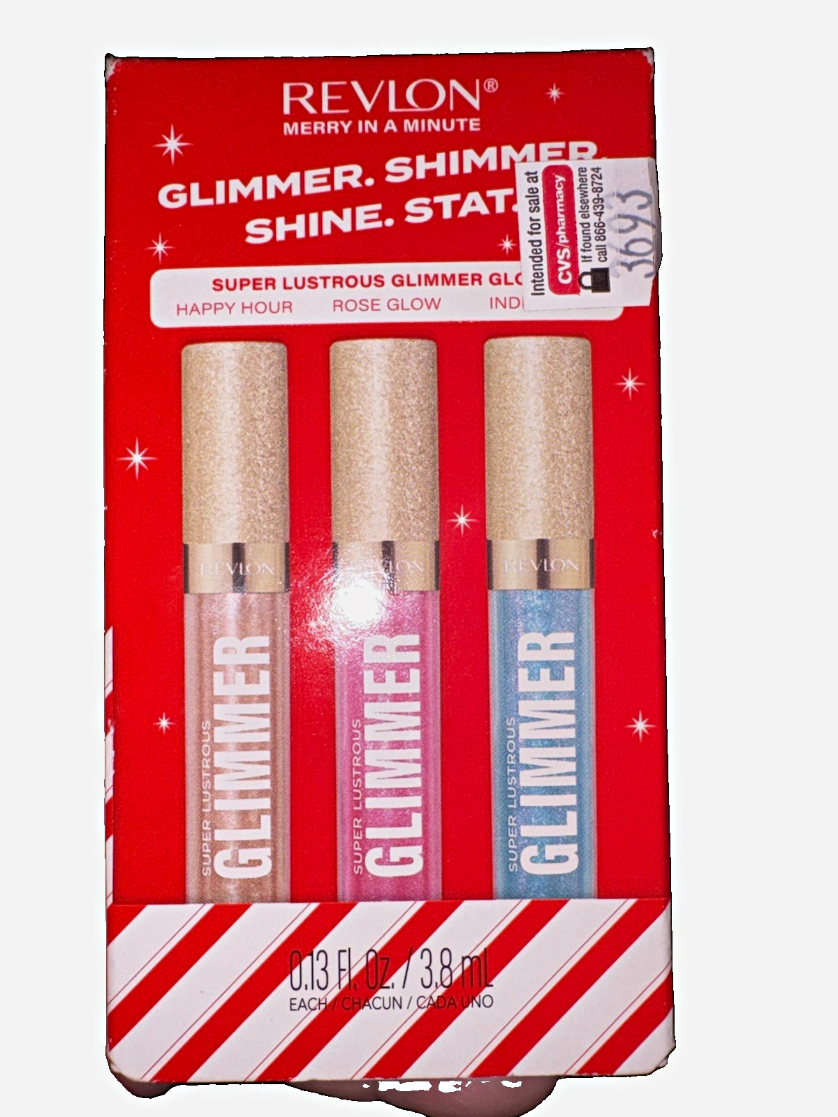 Revlon Super Lustrous Glimmer Gloss 3pc Set Happy Hour Rose Glow Indigo 0.13