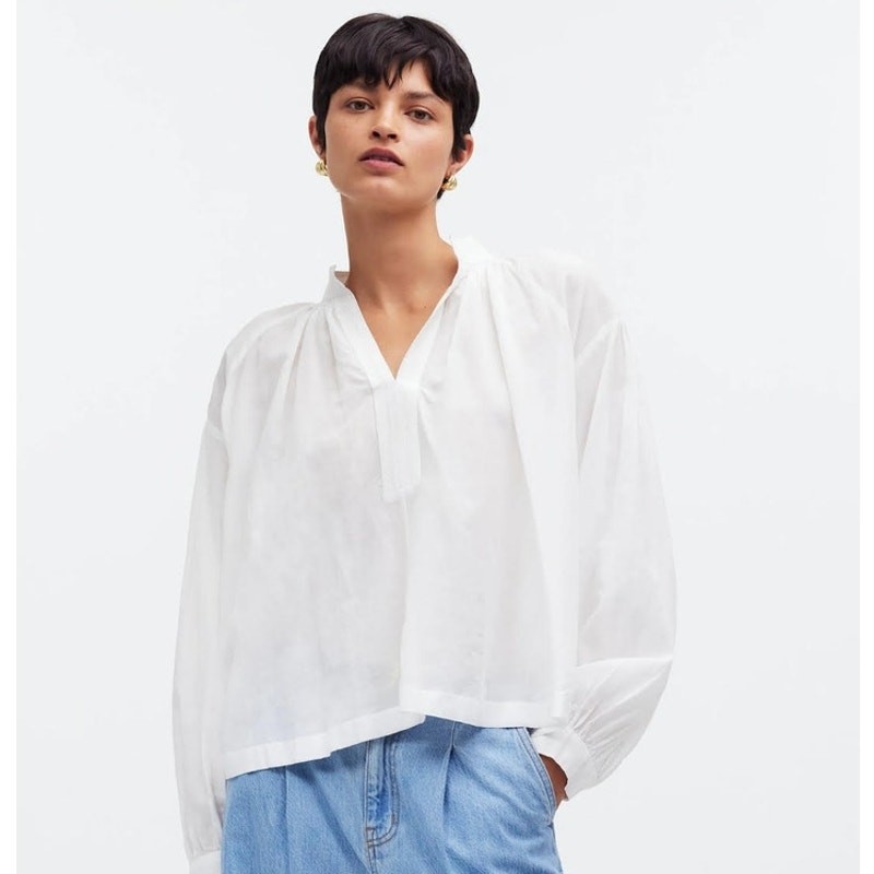 NWT Madewell Shirred Long-Sleeve White Top M