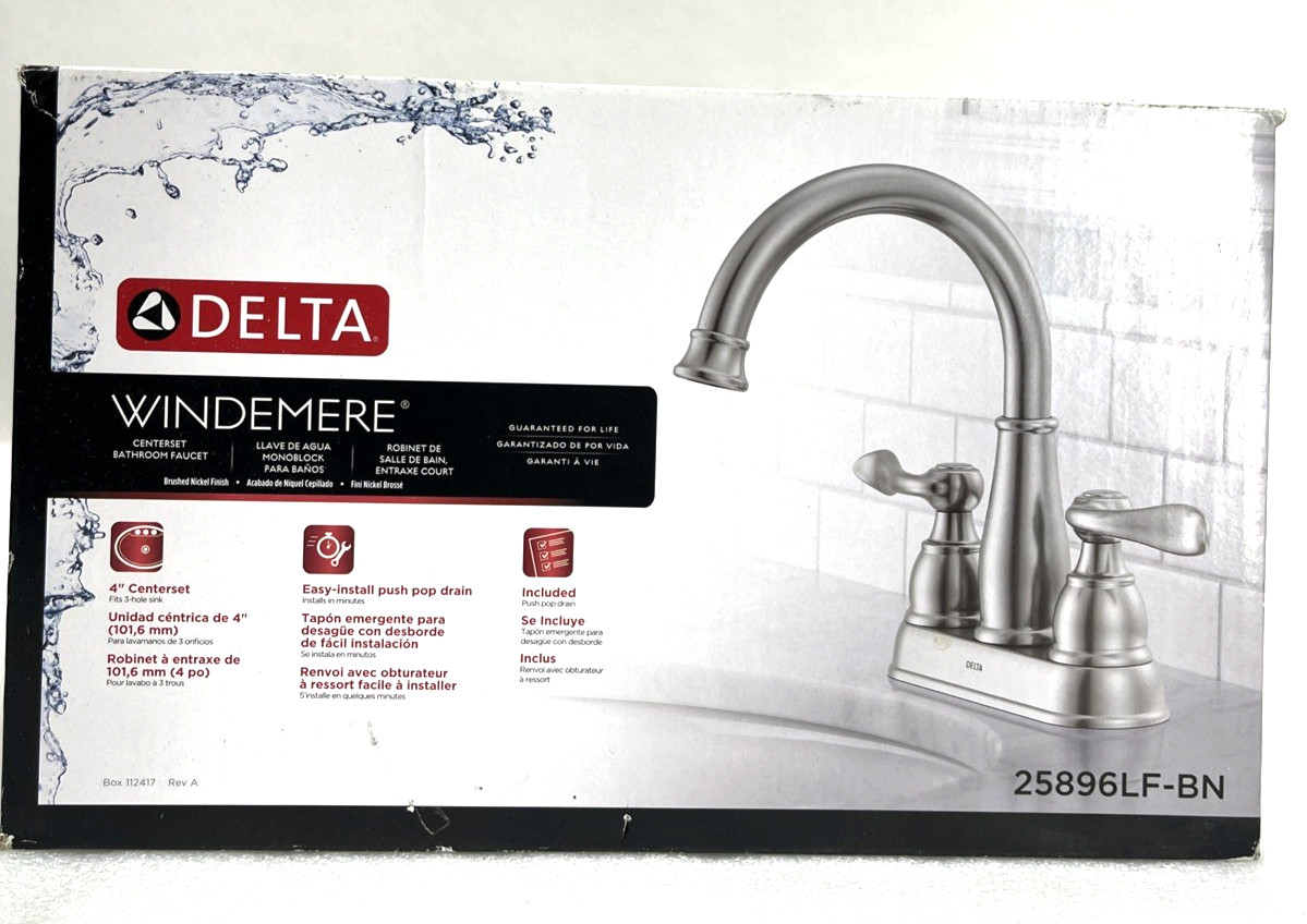 Delta Windemere 25896LF-BN Brushed Nickel Bathroom Faucet 2 Handle 4 In NIB
