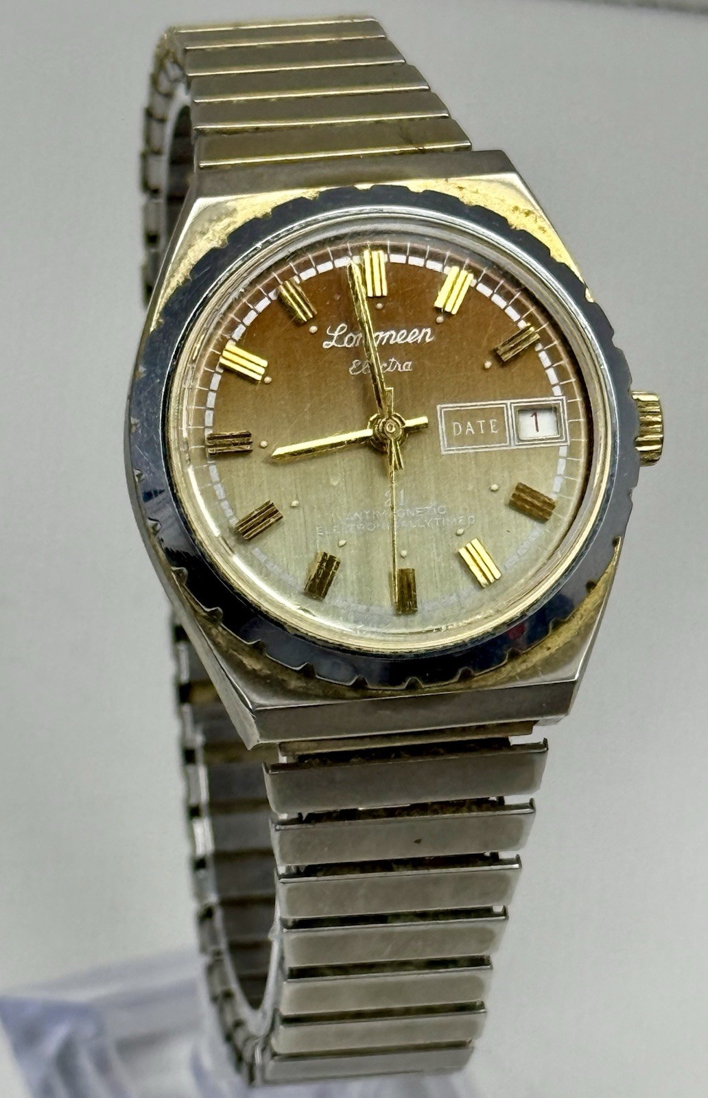 Vintage Longreen Electra 21 Mechanical Mens Watch Date Two Tone Brown Dial 35mm