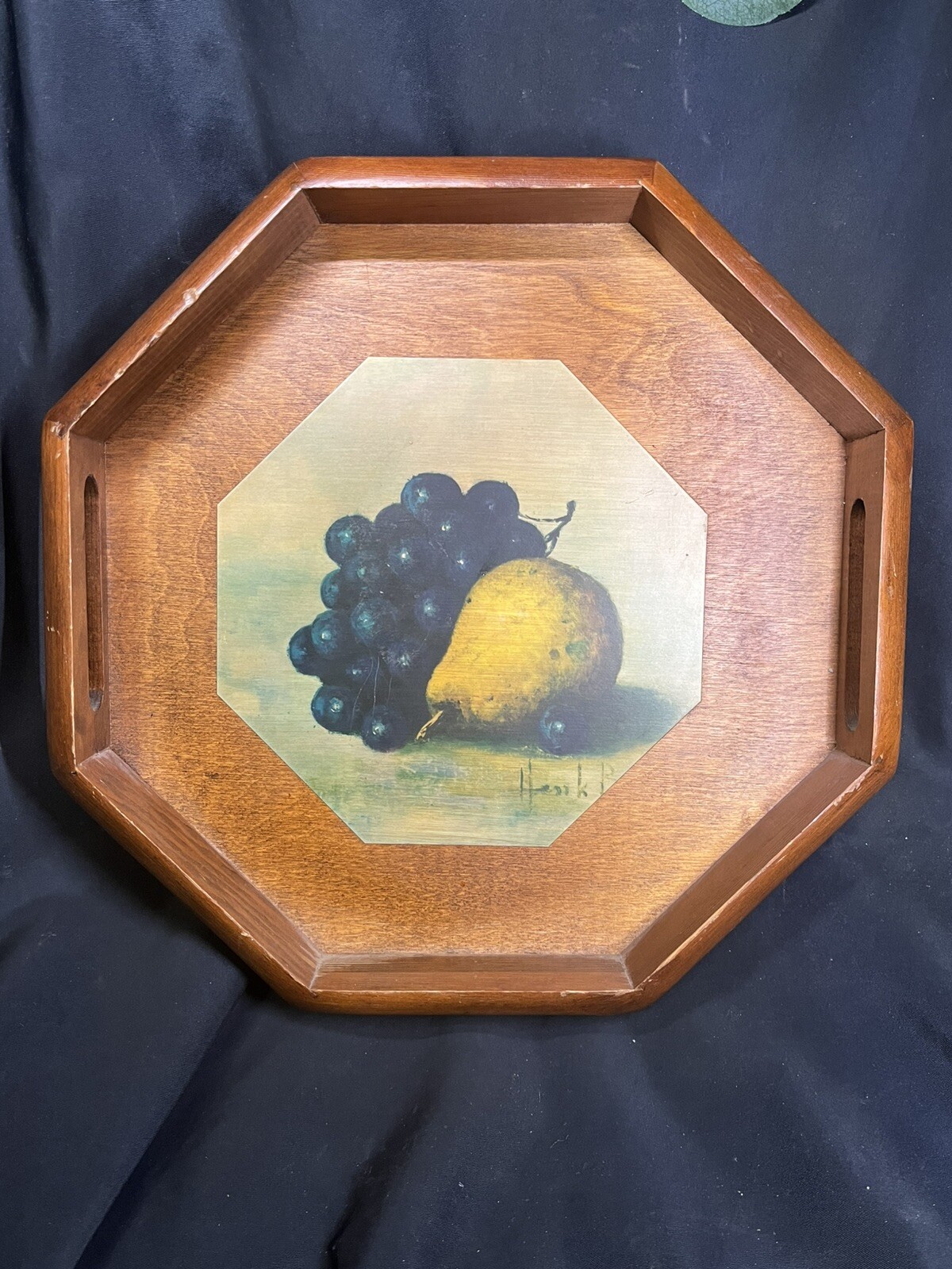Vintage Octagon Wooden Tray Decoupaged Still Life Print PEAR GRAPES Signed Hank