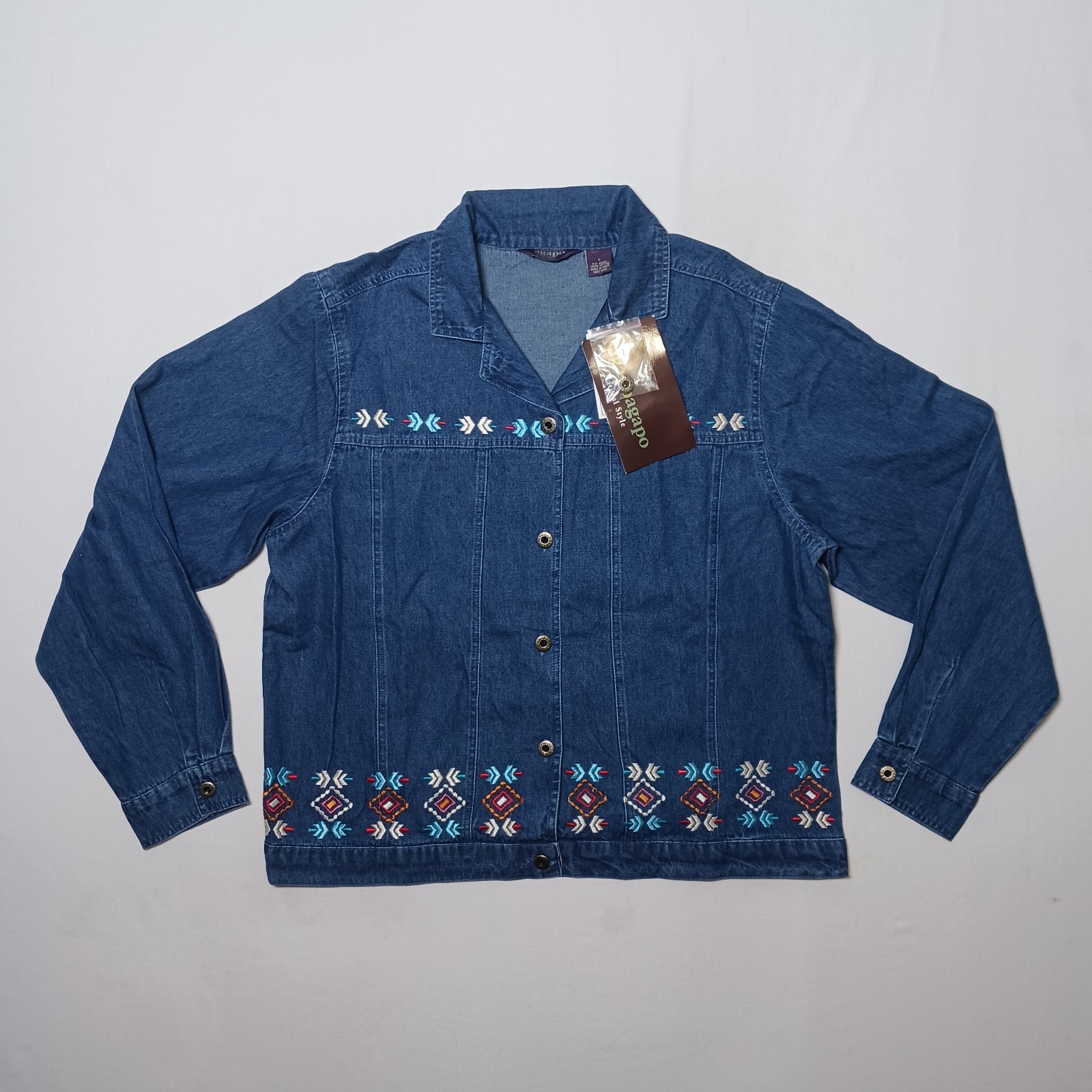 Vintage 80s Agapo Womens Embroidered Denim Shirt Large NWT Deadstock Dark Blue Vintage 80s Agapo Womens Embroidered Denim Shirt Large NWT Deadstock Dark Blue