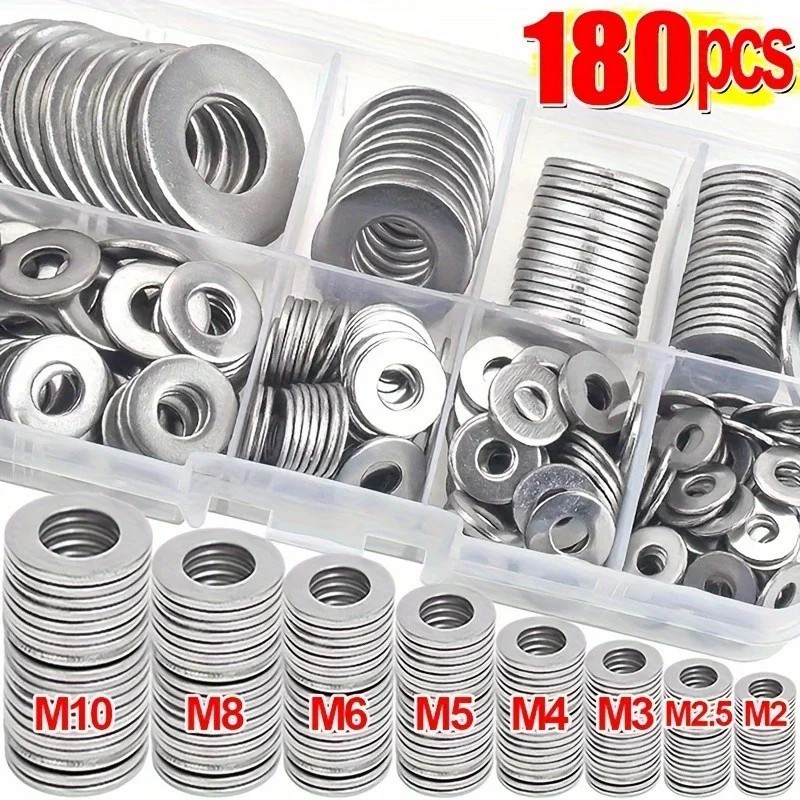 180PCS Stainless Steel Flat Washer Assortment Kit M2-M10 Repair Hardware