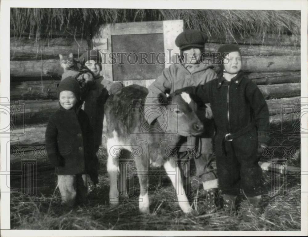 1939 Press Photo Dickie, Ivan, Steve and Margie Darbyshire with their calf