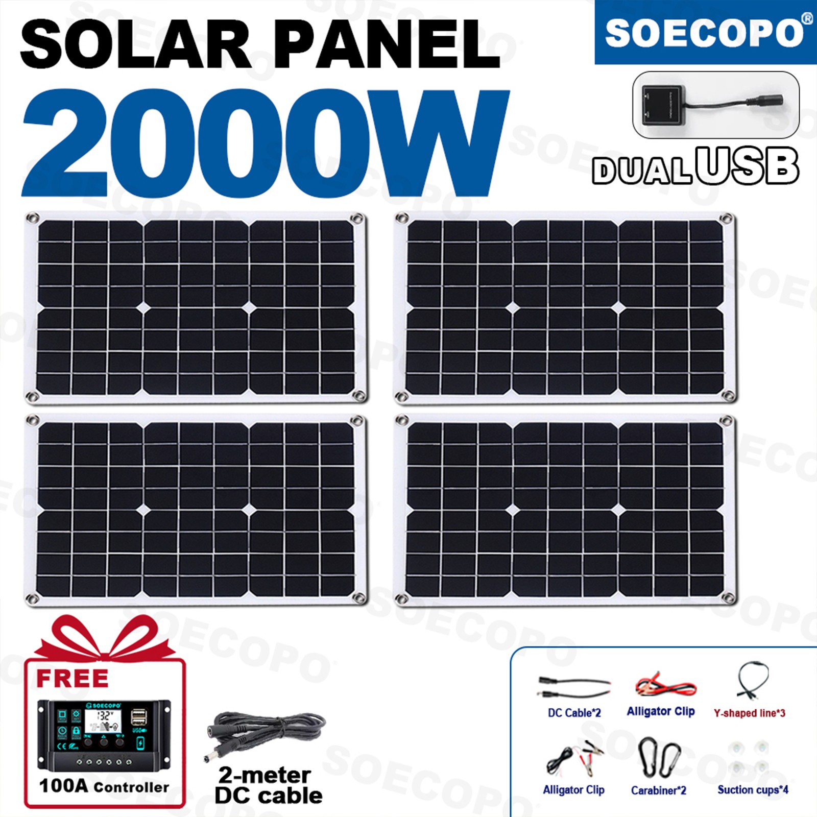 600W  4 x 500W Solar Panels - 100A Controller + Y-Cable + Suction Cups