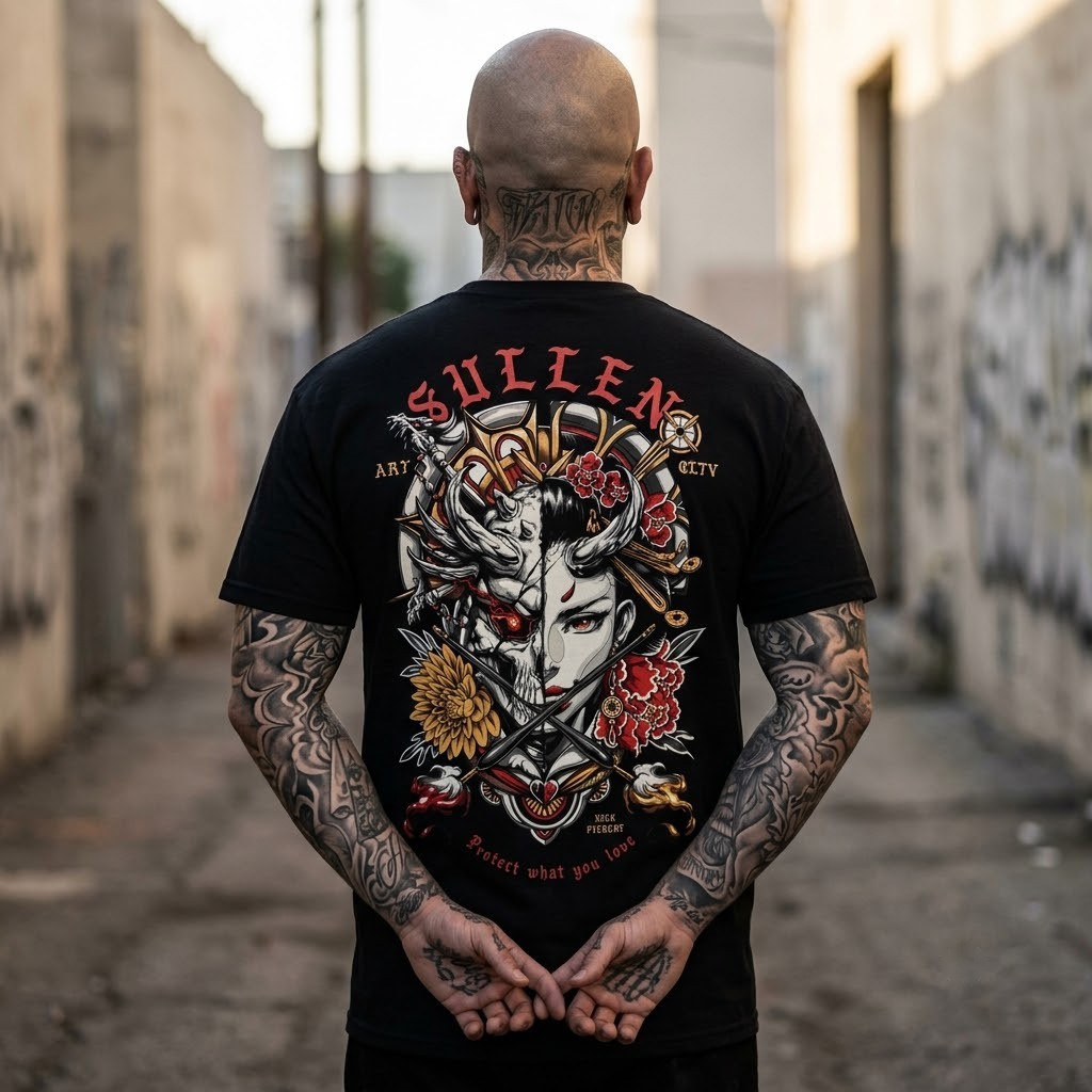 Japanese Oni Geisha Tattoo Style Sullen Art Black T-Shirt Chicano Men, S-5XL Japanese Oni Geisha Tattoo Style Sullen Art Black T-Shirt Chicano Men, S-5XL