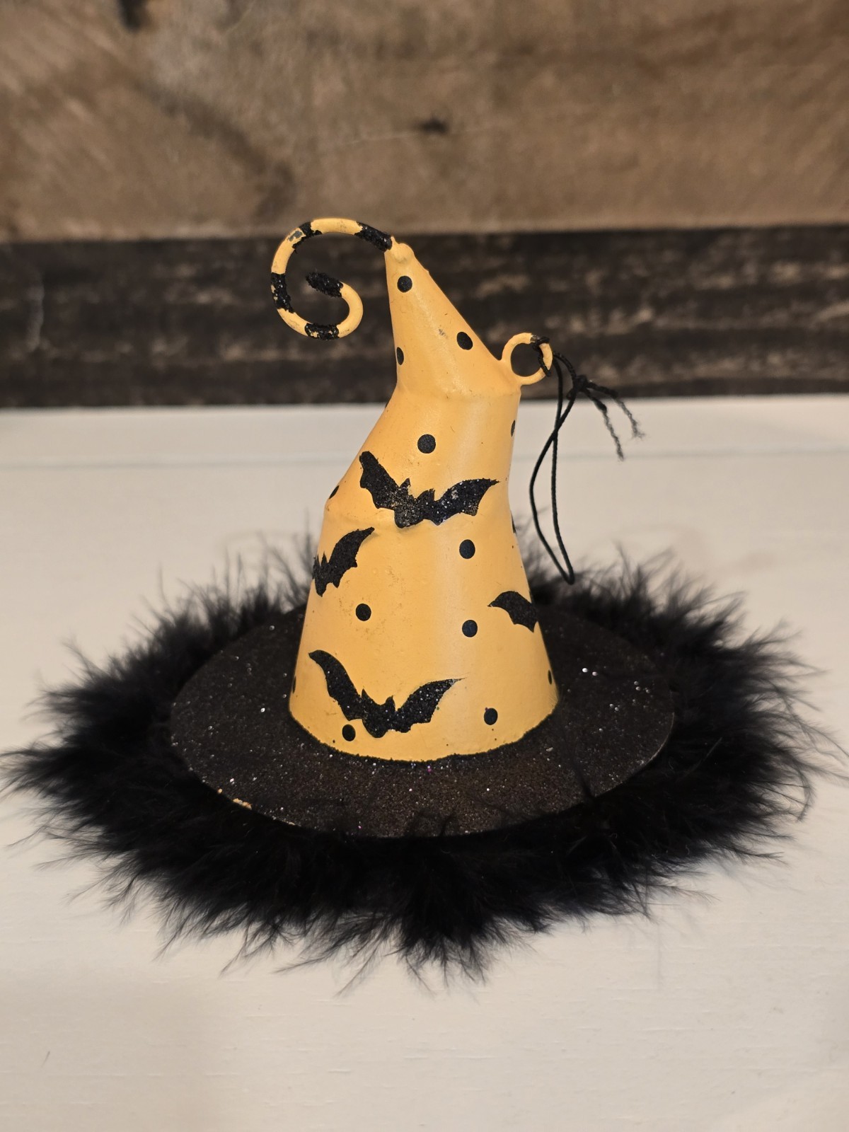 Retired Pier 1 Halloween Feathered Glitter Orange Bats Witch Hat Ornament 4\