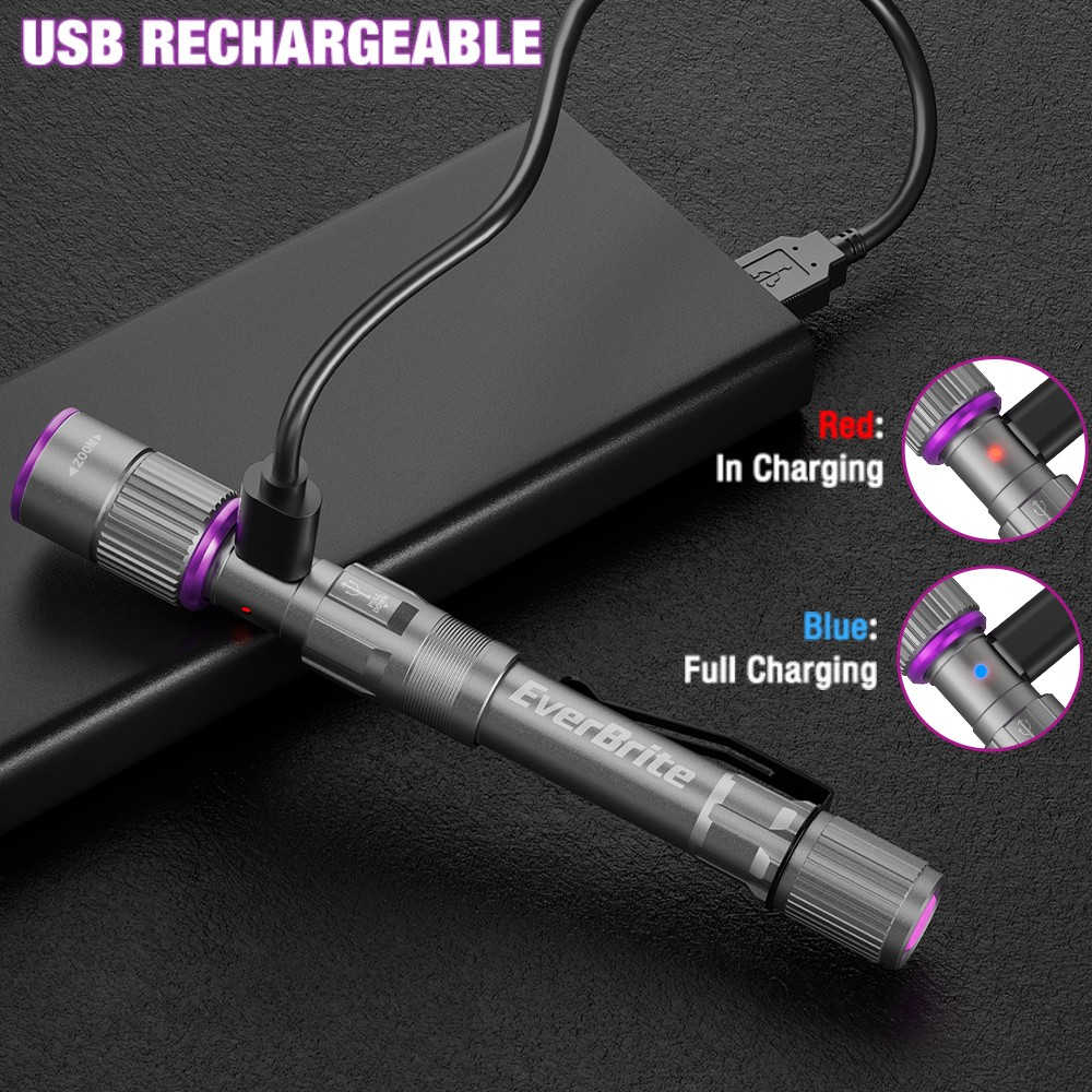 EverBrite Rechargeable LED Pen Flashlight UV White Light 395nm Black Flashlights EverBrite Rechargeable LED Pen Flashlight UV White Light 395nm Black Flashlights