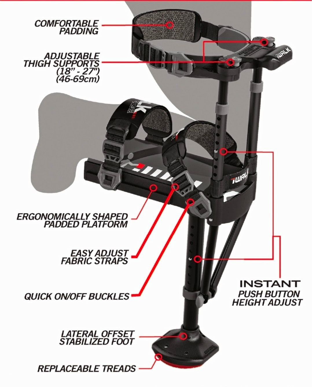iWALK 2.0 Hands-Free Knee Crutch, Adjustable Height Lightweight, Black