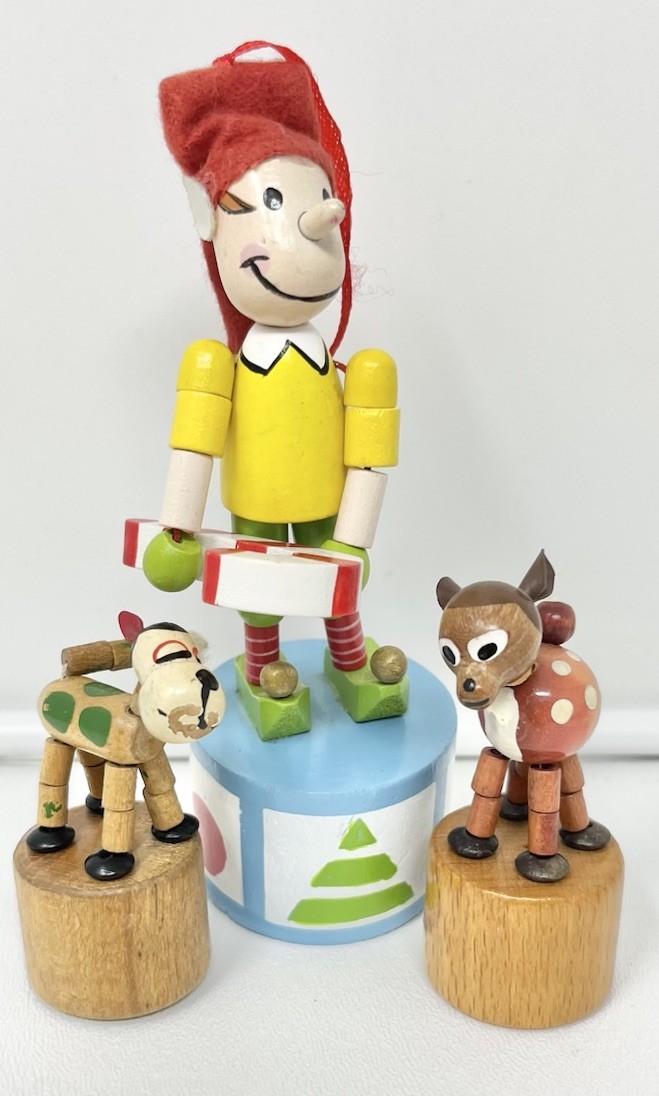 Lot 3 Vintage Wood Wooden Thumb Push Puppet Figures Christmas Elf Deer Dog?