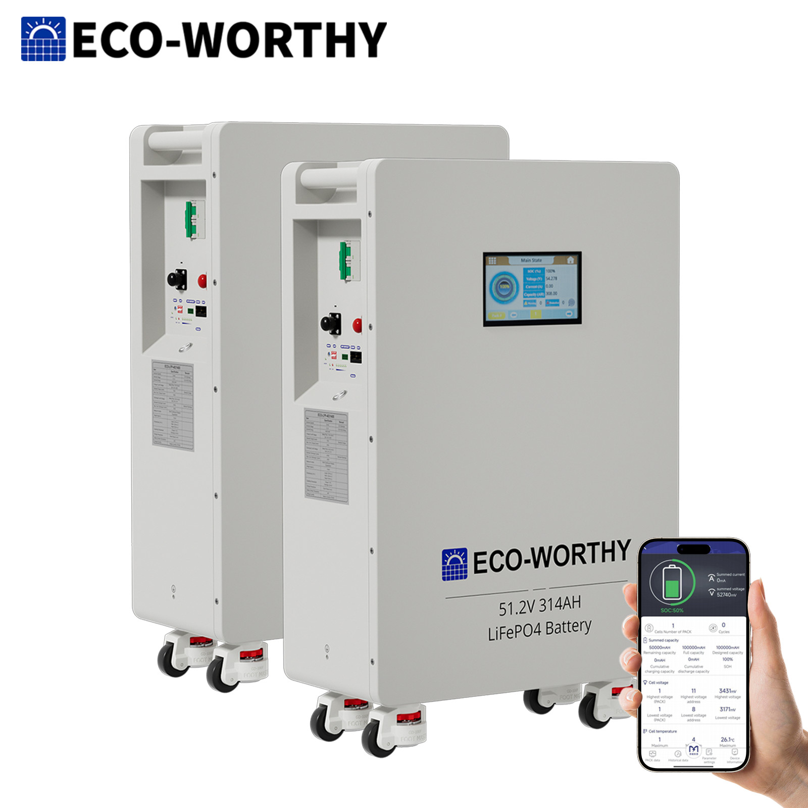 ECO-WORTHY 32.15kWh 2Pack 48V 314AH LiFePO4 Battery Vertical Standing Backup