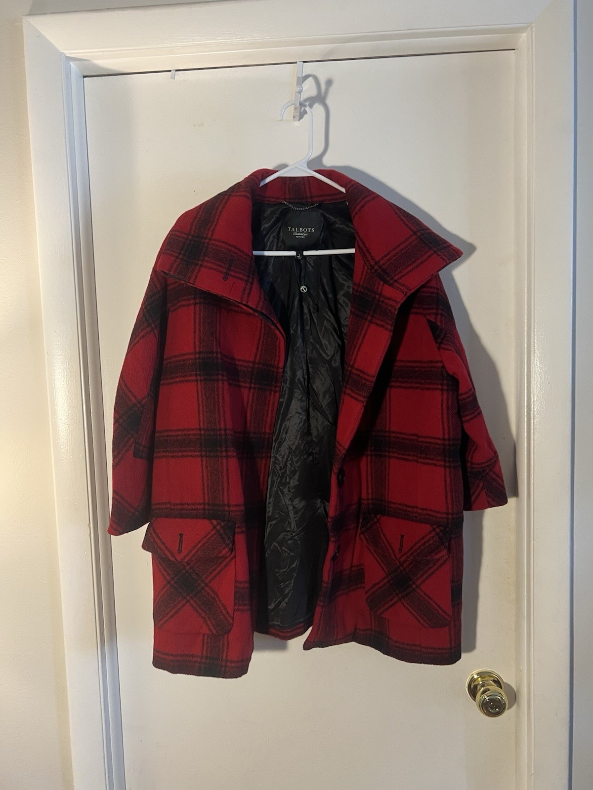 Talbots Petites Women’s Red Black Plaid Wool Collared Button Lined Jacket