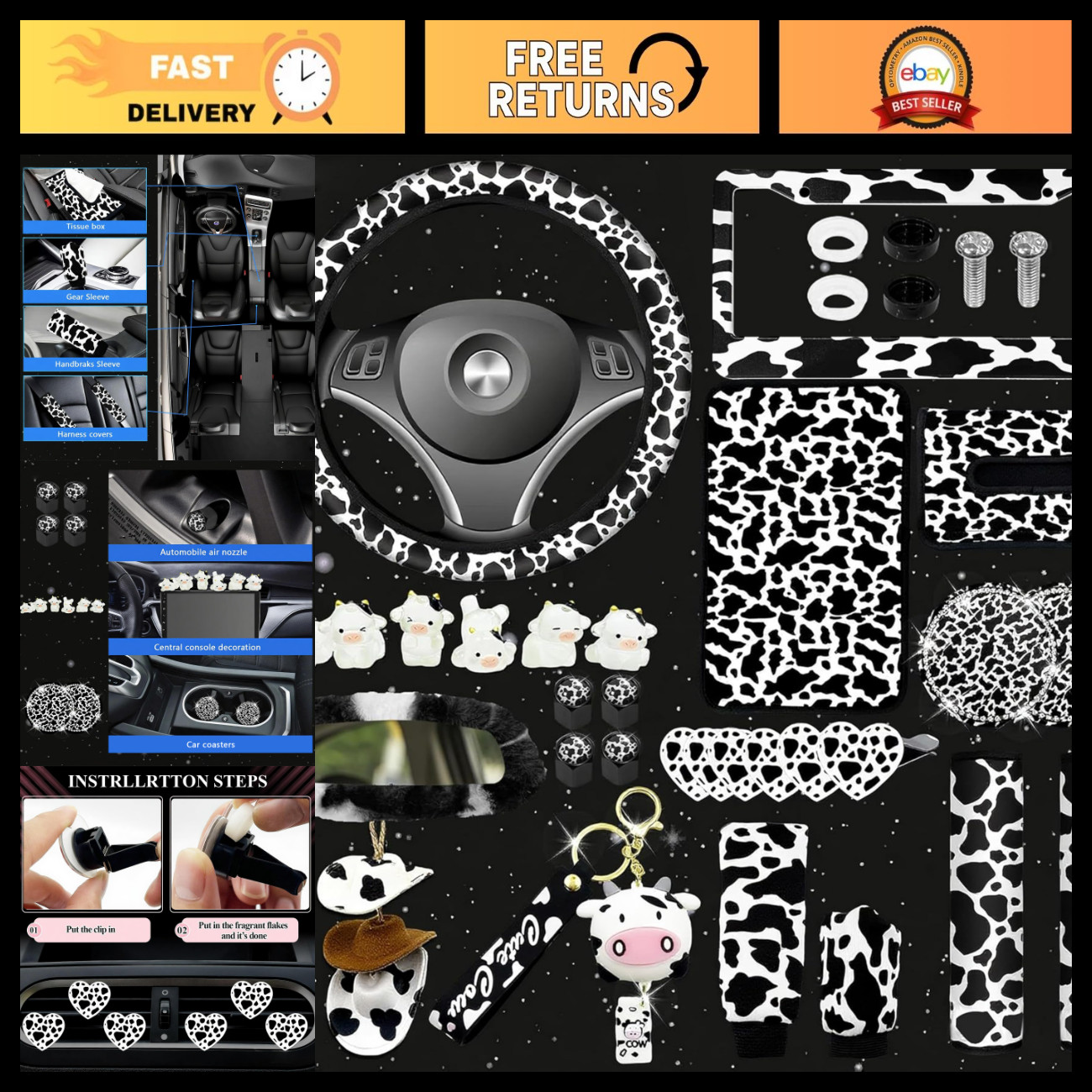 29 PCS Cow Print Car Accessories Set - Dashboard & Rearview Mirror Decor for Sed