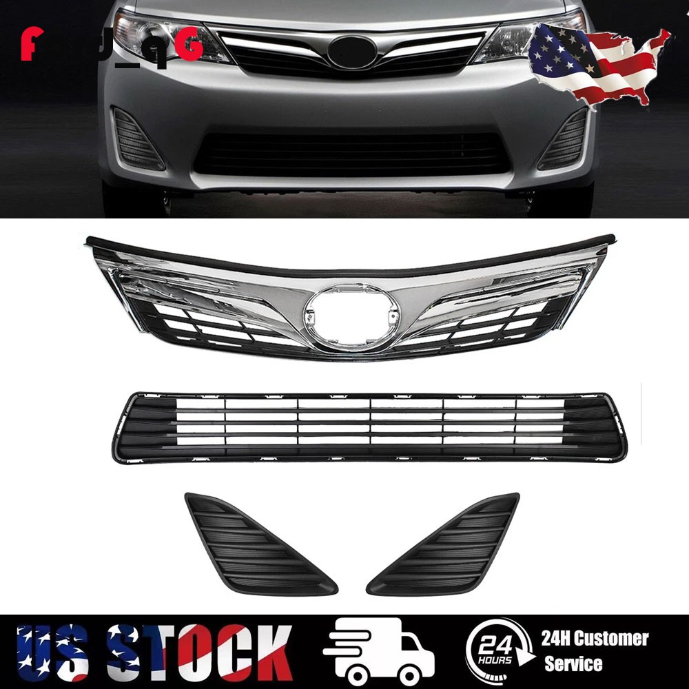 Fit 2012-2014 Toyota Camry Front Bumper Upper Lower Grille Set w/ Fog Hole Cover