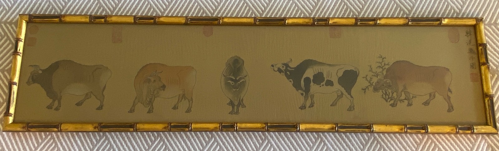 Stunning, Vintage 1950s Hand-Painted Chinese Silk Five Oxen Wall Art