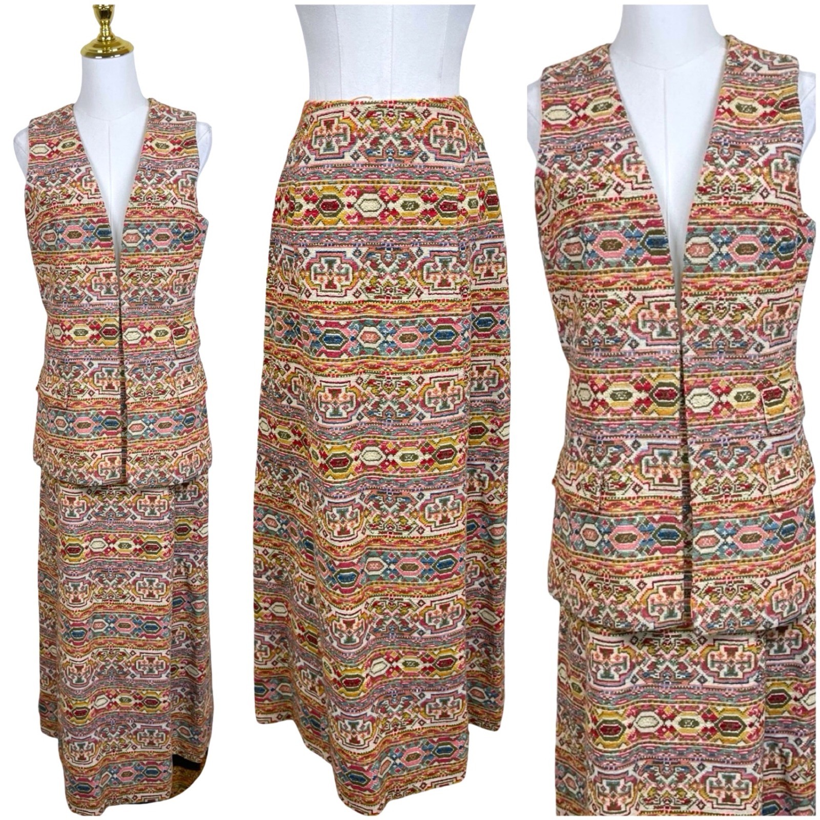 Vintage John Meyer Tapestry Vest Maxi Skirt Set Women 14 Southwestern 70s Boho