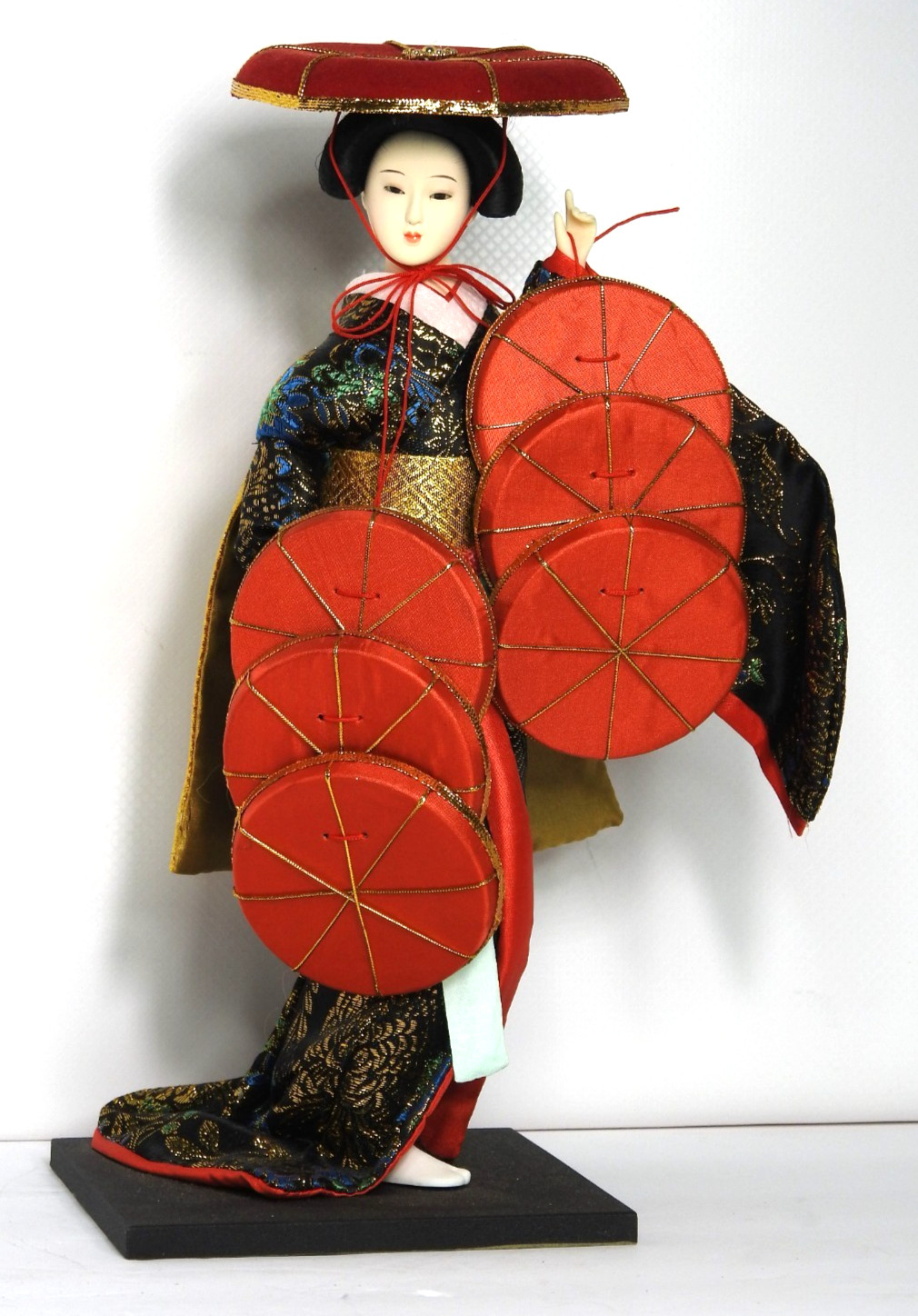 Vintage 12 in. Japanese Geisha Doll Nishi Kabuki Seven Hats Dance Silk Brocade Vintage 12 in. Japanese Geisha Doll Nishi Kabuki Seven Hats Dance Silk Brocade