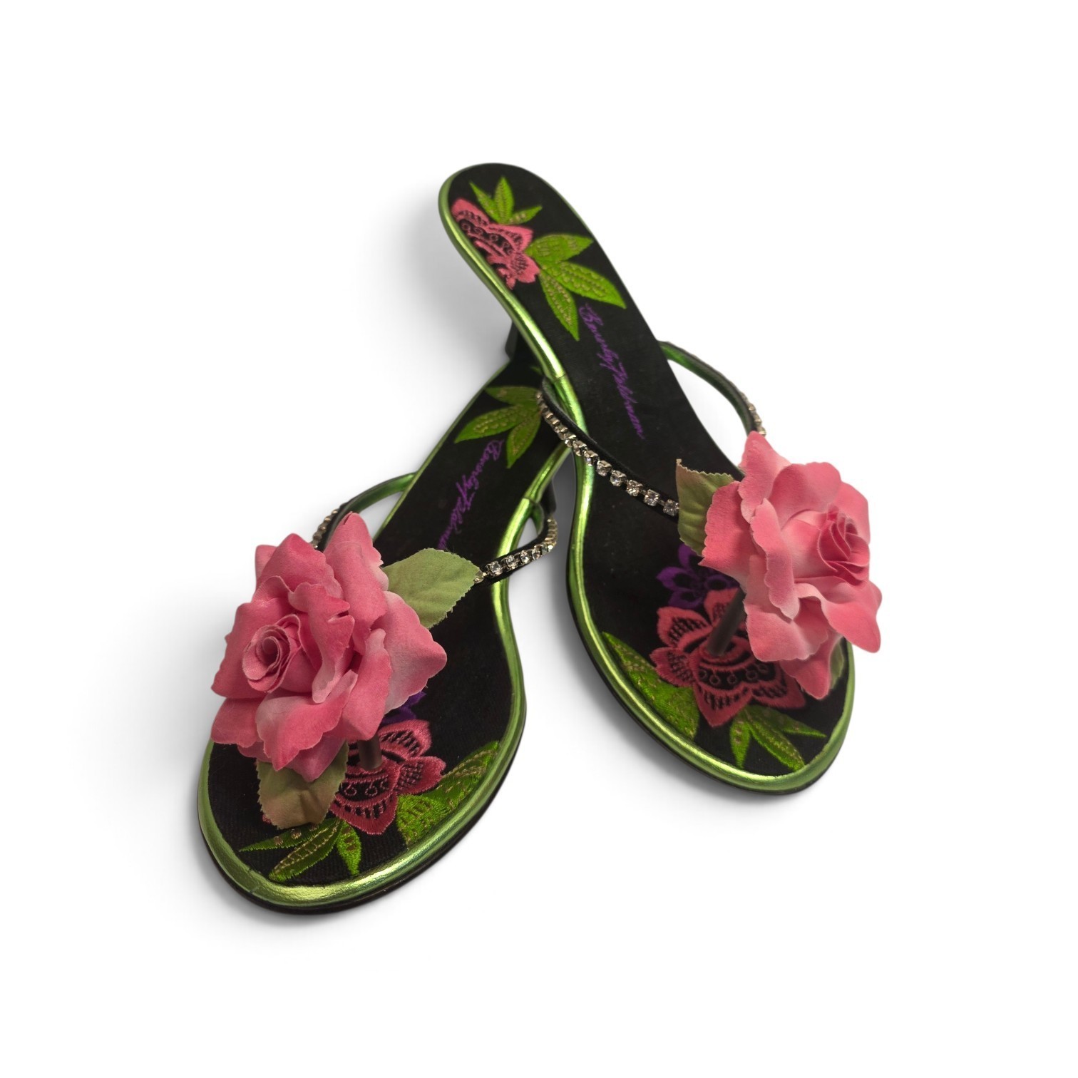 Vintage Beverly Feldman Lazy Nights Y2K 3D Rose Floral Kitten Heels Thong Size 8