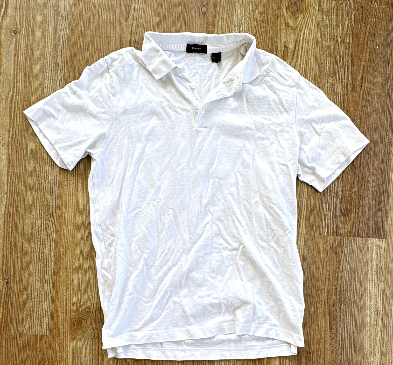 Theory Men\'s White Solid Knit Polo Shirt M Short Sleeve Collared Button Theory Men\'s White Solid Knit Polo Shirt M Short Sleeve Collared Button